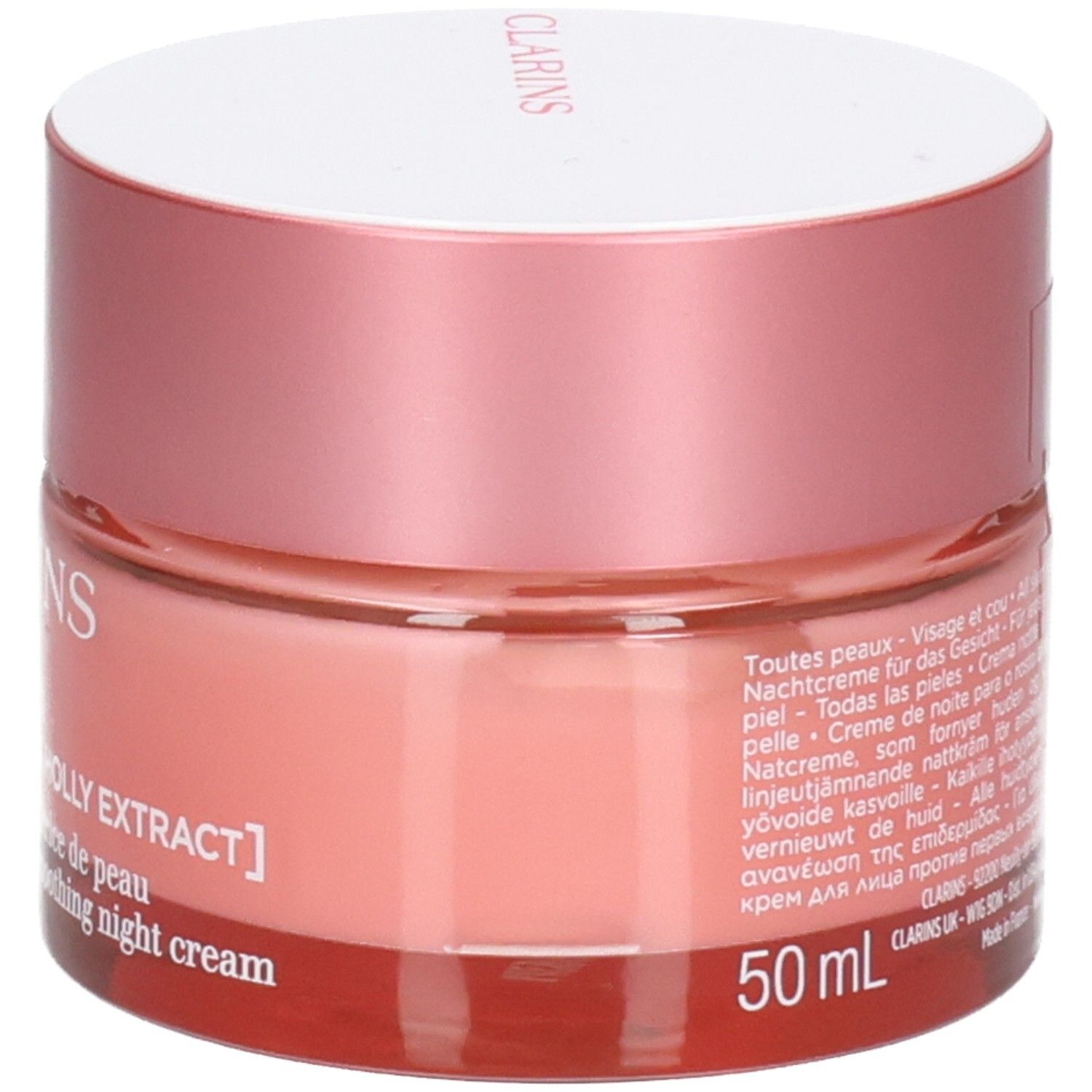 Clarins Multi-Active Nachtcreme, Glasbehälter mit Etikett und Text in mehreren Sprachen.
