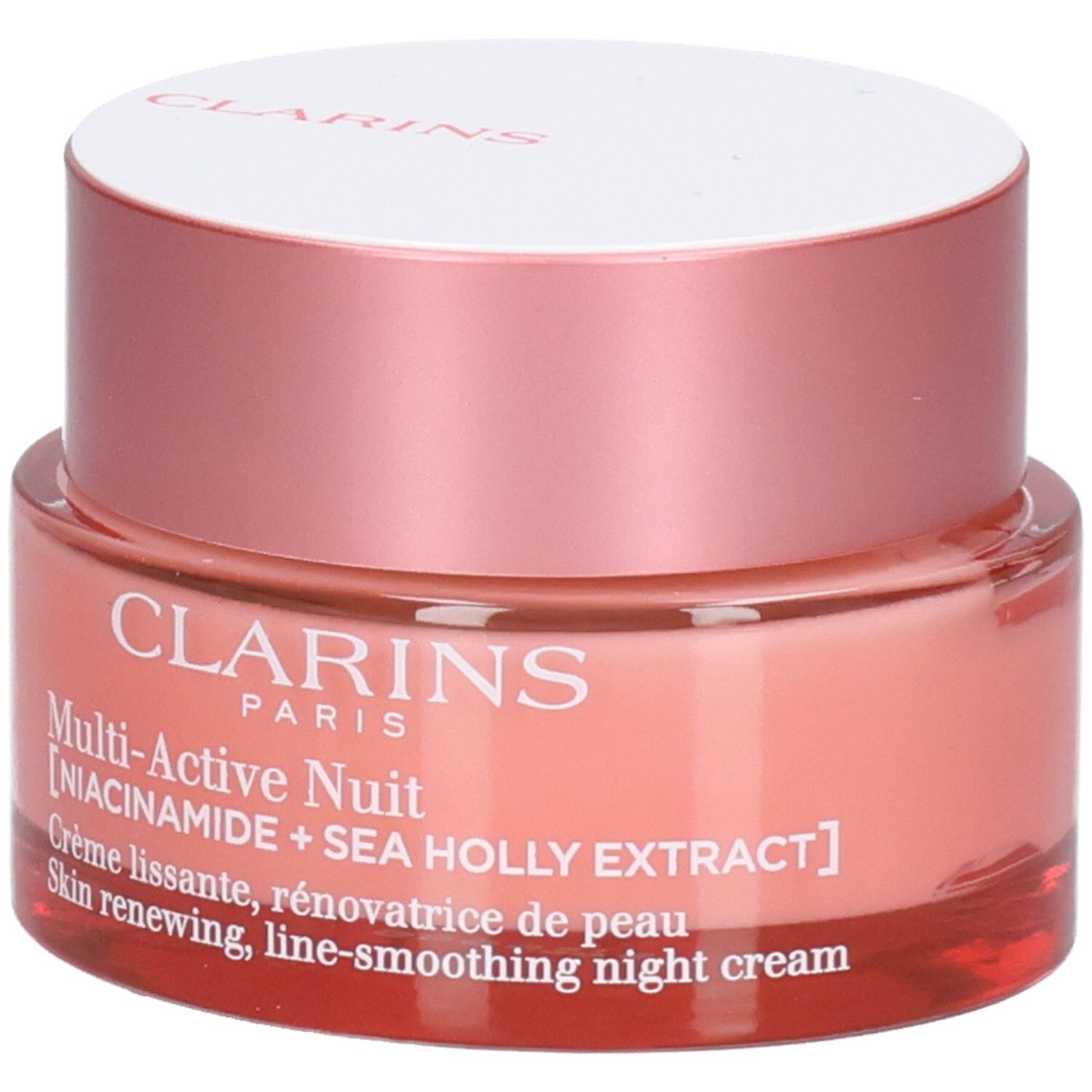 Clarins Multi-Active Nachtcreme, Glasbehälter mit Etikett und Text, Fokus auf Inhaltsstoffe.