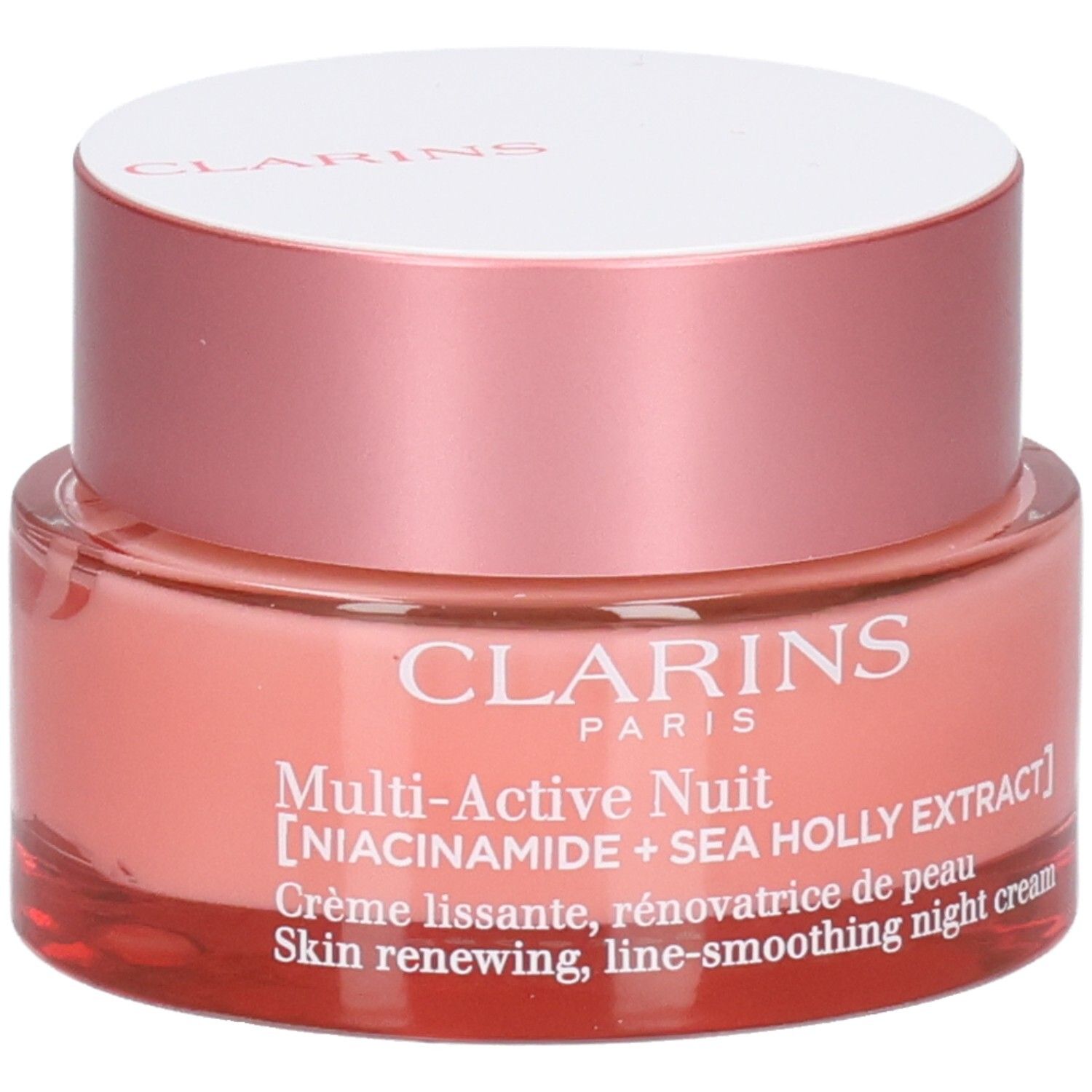 Clarins Multi-Active Nachtcreme, Glasbehälter mit Etikett und Text, Nahaufnahme.