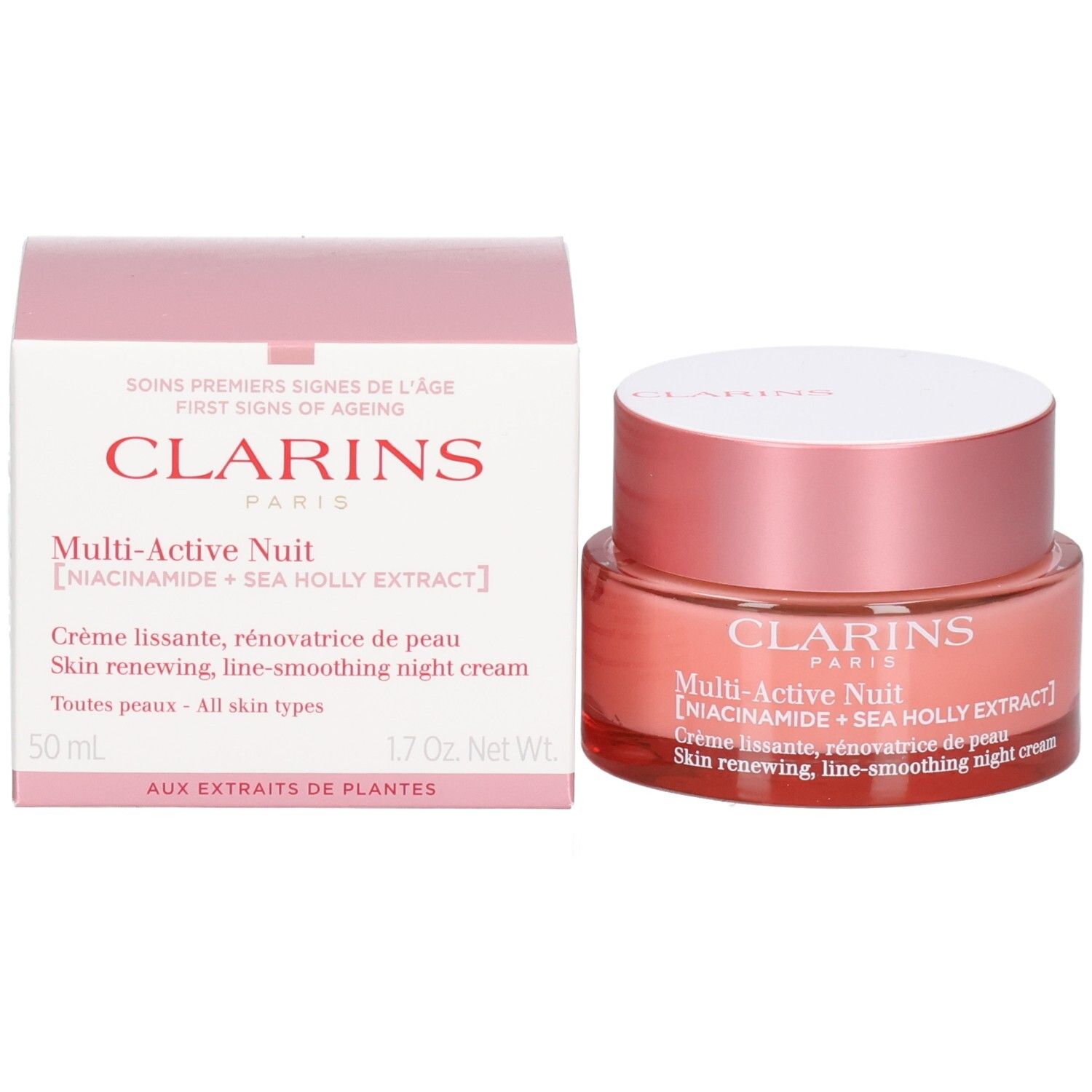 Clarins Multi-Active Nachtcreme und Verpackungsbox, beide mit rosa und weißen Akzenten.