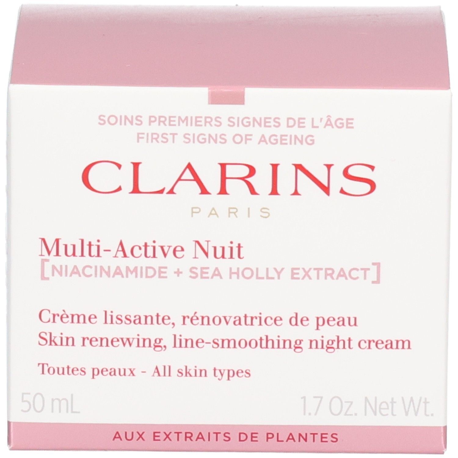 Clarins Multi-Active Nachtcreme Verpackungsbox mit Produktinformationen und Markenschriftzug.