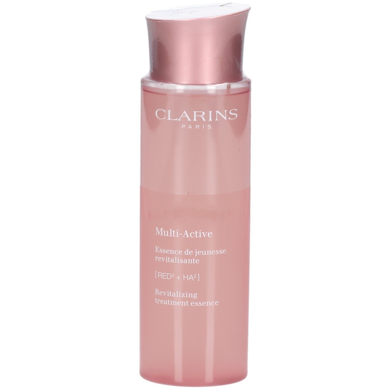 Clarins Multi-Active revitalisierende Behandlung Essence in einem rosa Flakon mit roségoldfarbenem Deckel.
