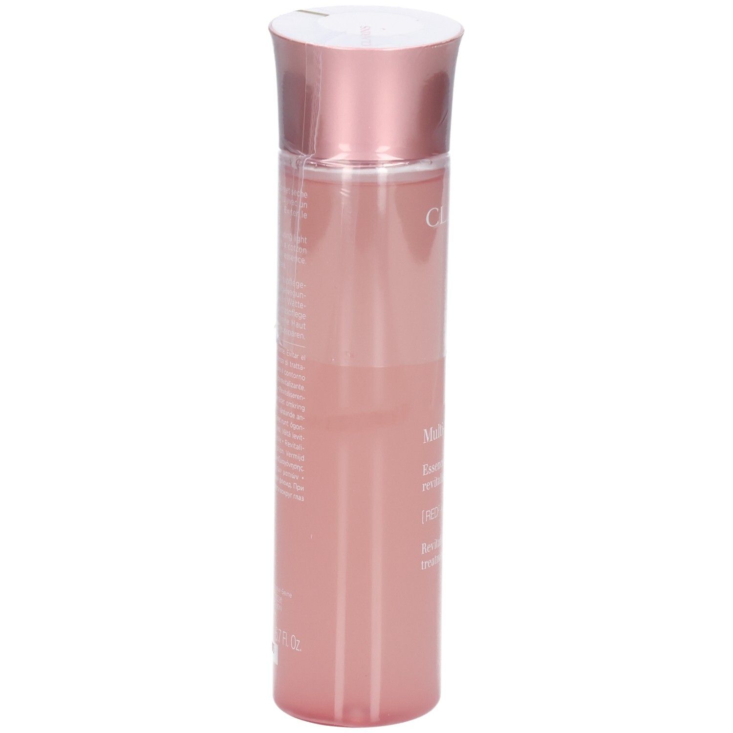 Clarins Multi-Active revitalisierende Behandlung Essence, Seitenansicht des rosa Flakons mit roségoldfarbenem Deckel.