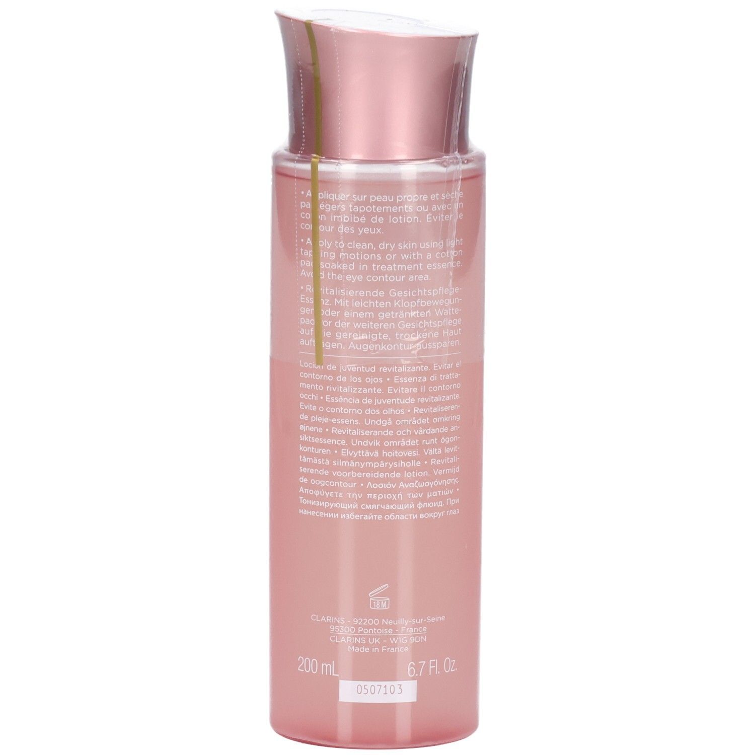 Rückseite des Clarins Multi-Active Essence Flakons mit Produktinformationen und dem Clarins-Logo.