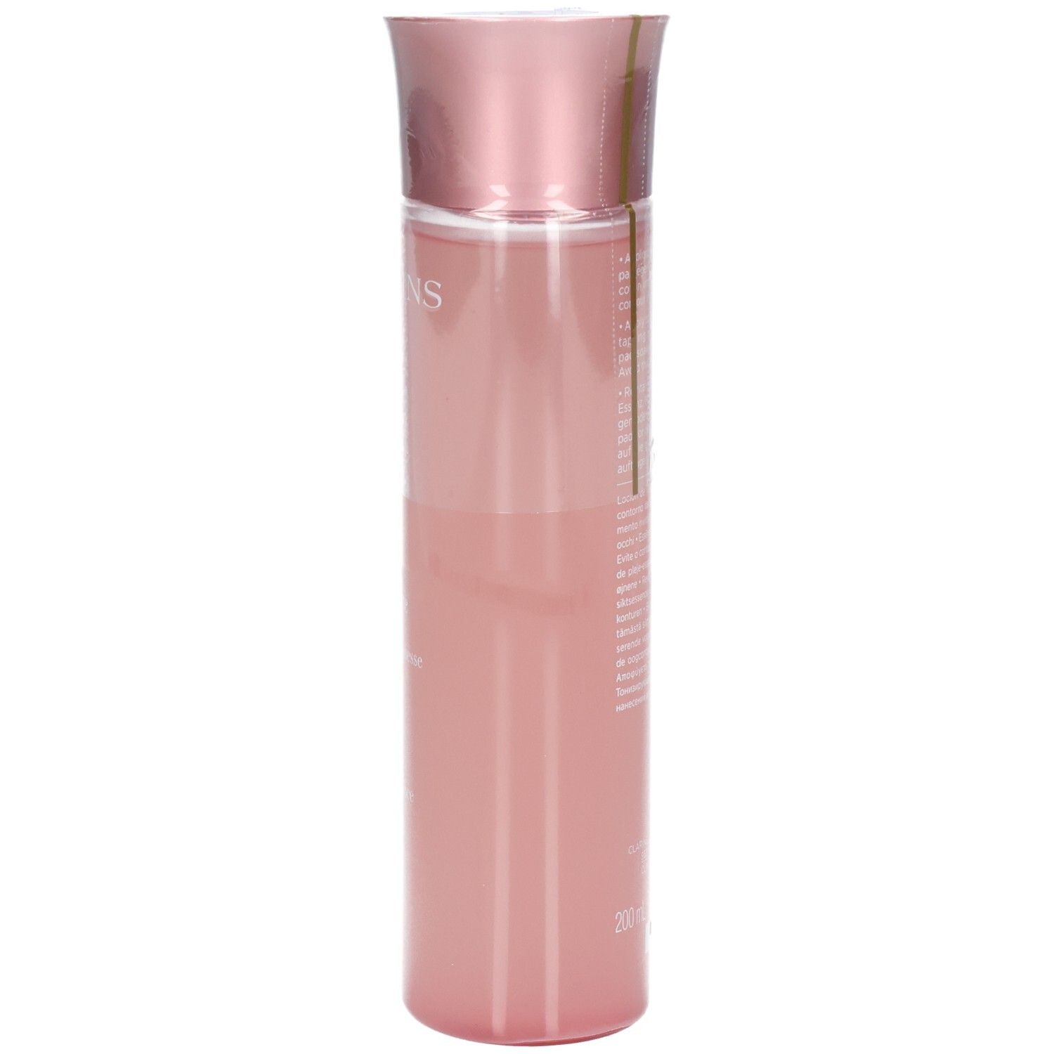 Clarins Multi-Active revitalisierende Behandlung Essence, Rückseitenansicht des rosa Flakons mit roségoldfarbenem Deckel.