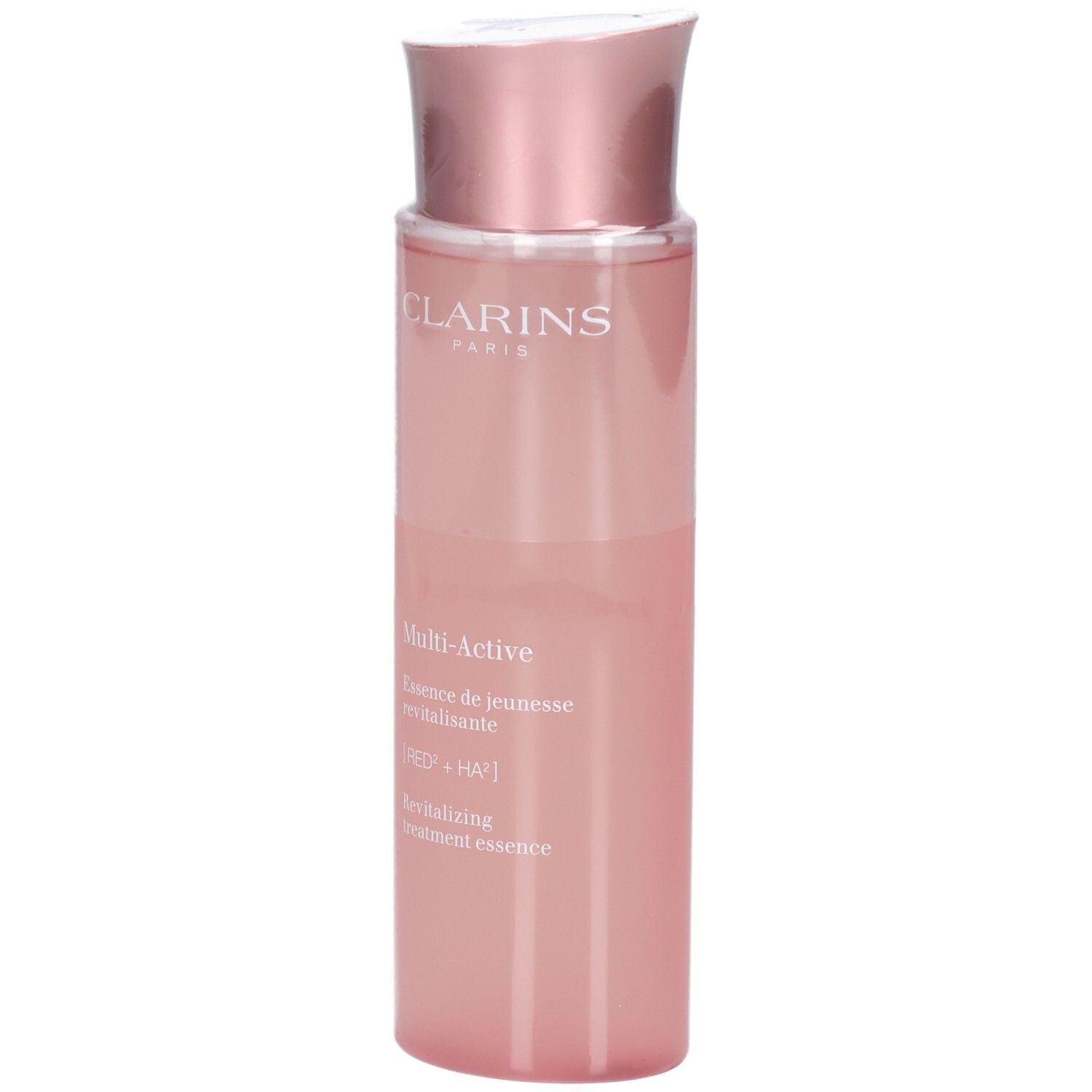 Clarins Multi-Active revitalisierende Behandlung Essence in einem rosa Flakon mit roségoldfarbenem Deckel, Vorderansicht.