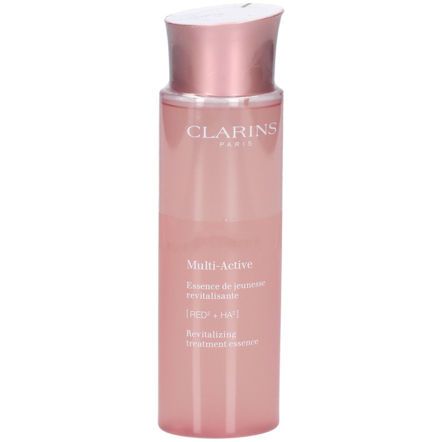 Clarins Multi-Active revitalisierende Behandlung Essence in einem rosa Flakon mit roségoldfarbenem Deckel, leichte Seitenansicht.