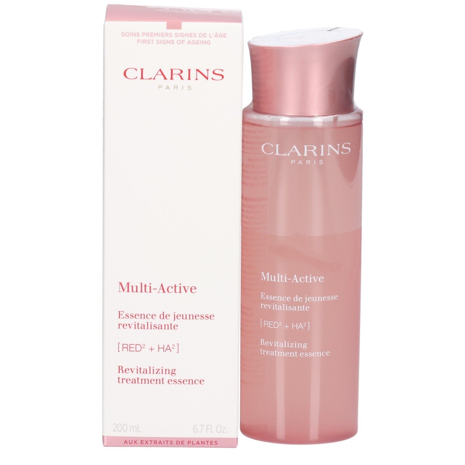 Clarins Multi-Active Essence und ihre Verpackung, ein rosa Flakon neben einer weißen Box mit rosa Akzenten.