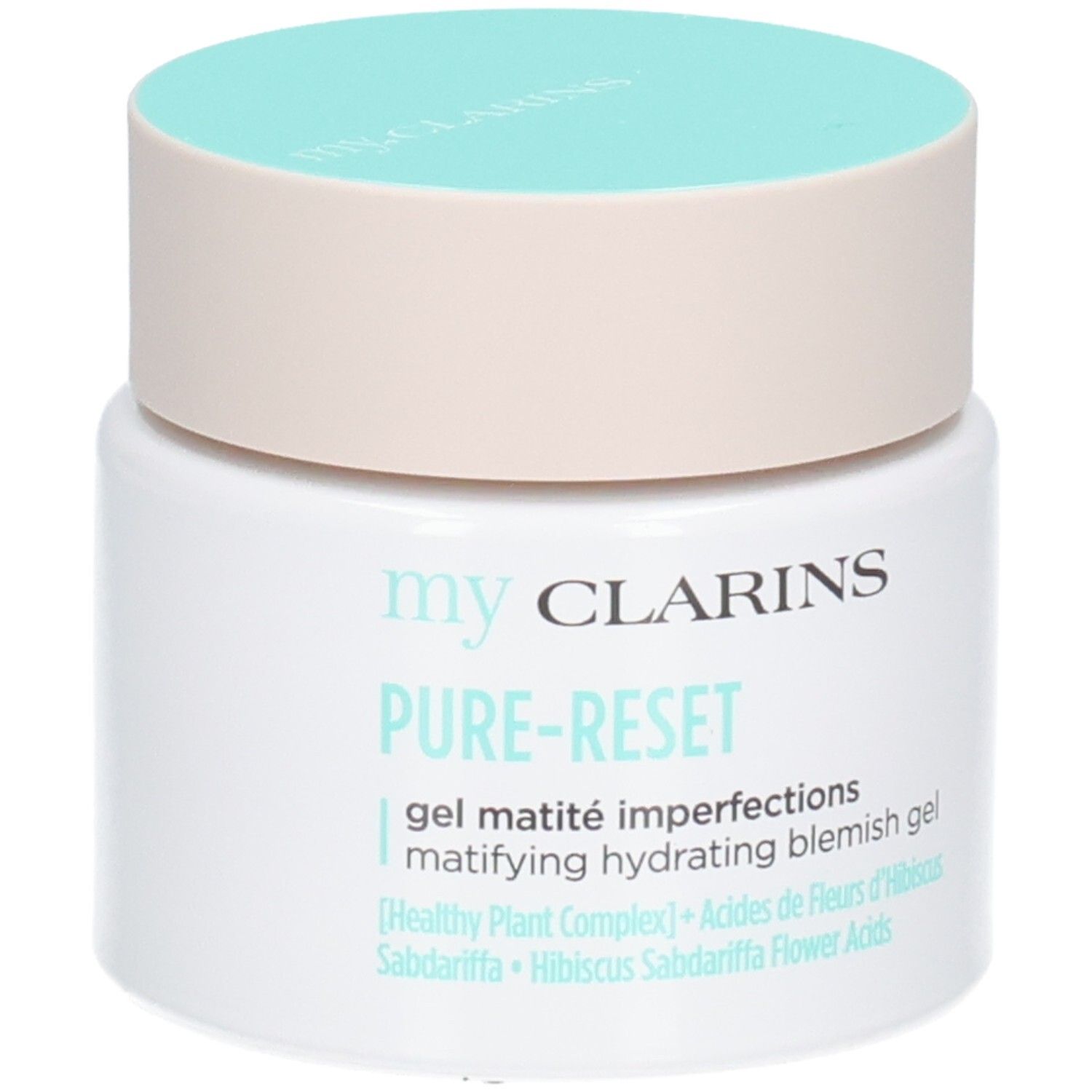 My Clarins Pure-Reset mattierendes Gel gegen Unreinheiten. Weiße Dose mit hellbeigem und türkisfarbenem Deckel.