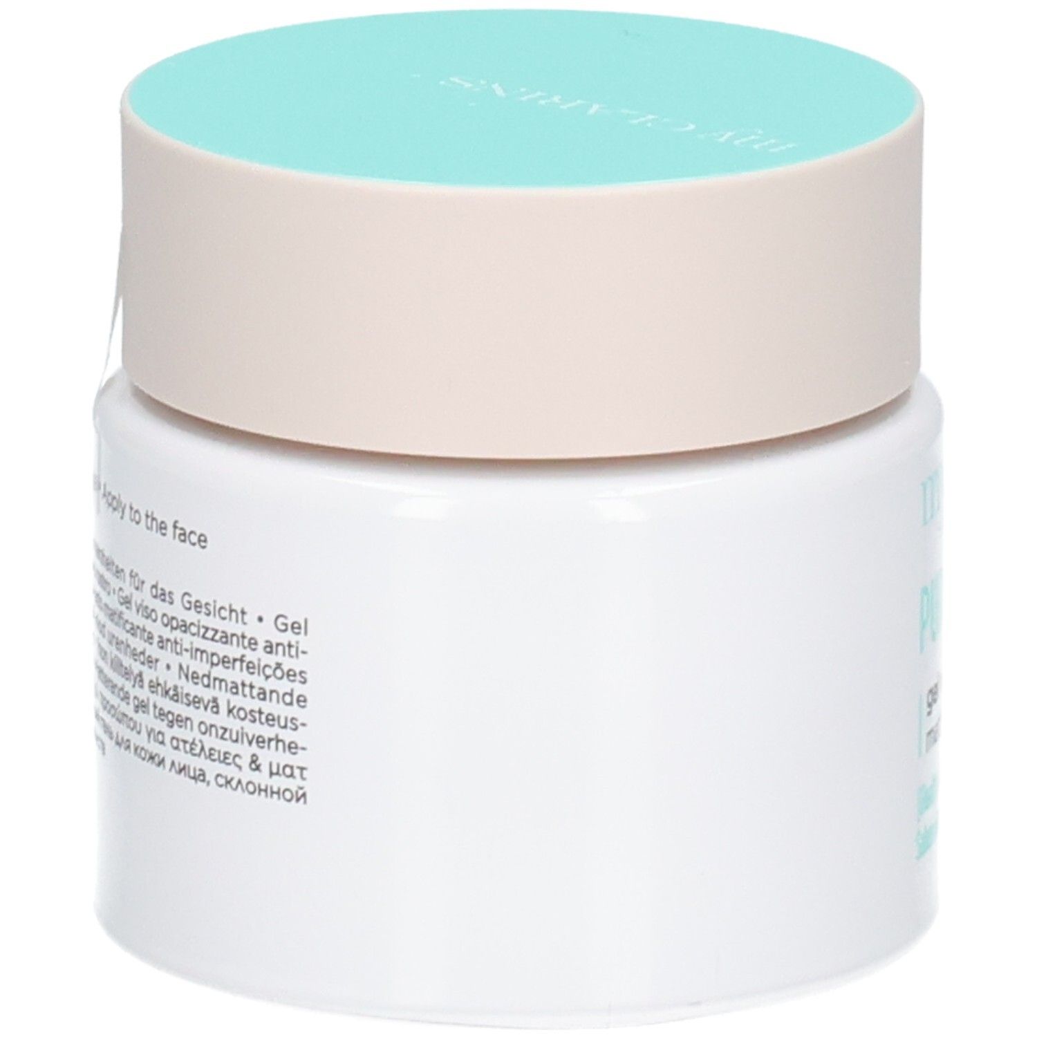 Rückseite der Dose My Clarins Pure-Reset Gel. Enthält Anwendungshinweise in mehreren Sprachen.