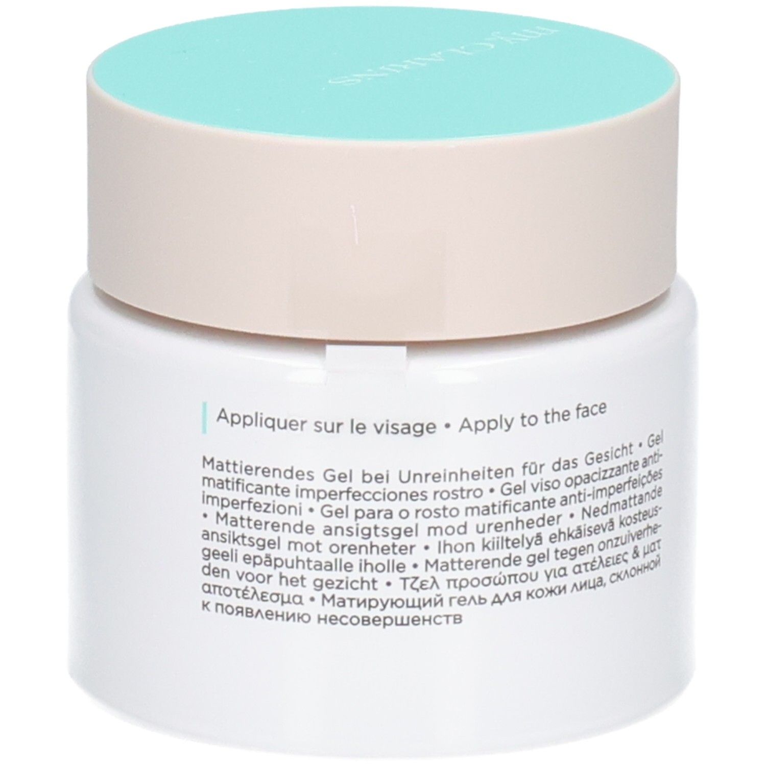 Seite der Dose My Clarins Pure-Reset Gel mit Anwendungshinweisen auf Englisch und Französisch.