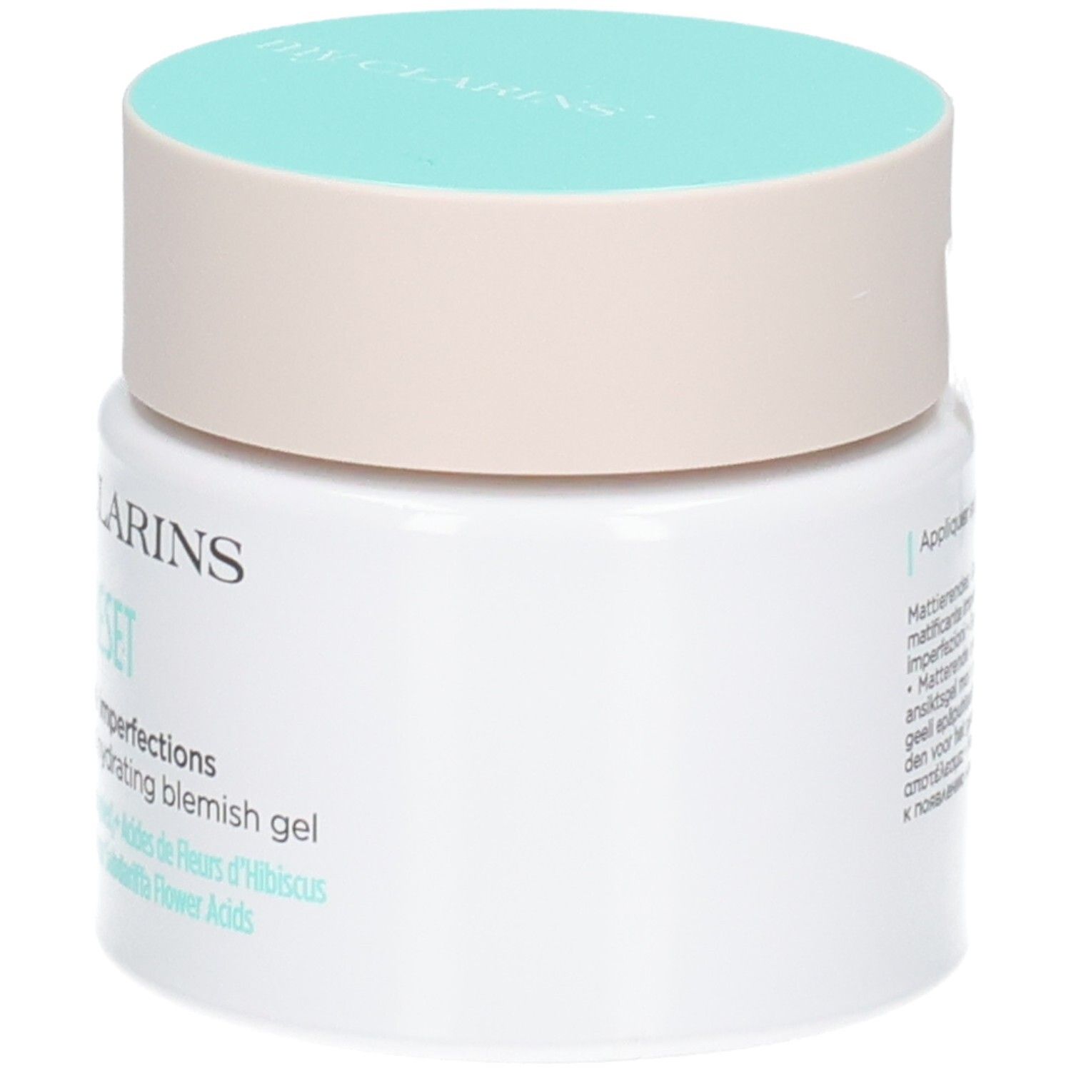Seitenansicht der Dose My Clarins Pure-Reset Gel. Weiße Dose mit hellbeigem und türkisfarbenem Deckel.