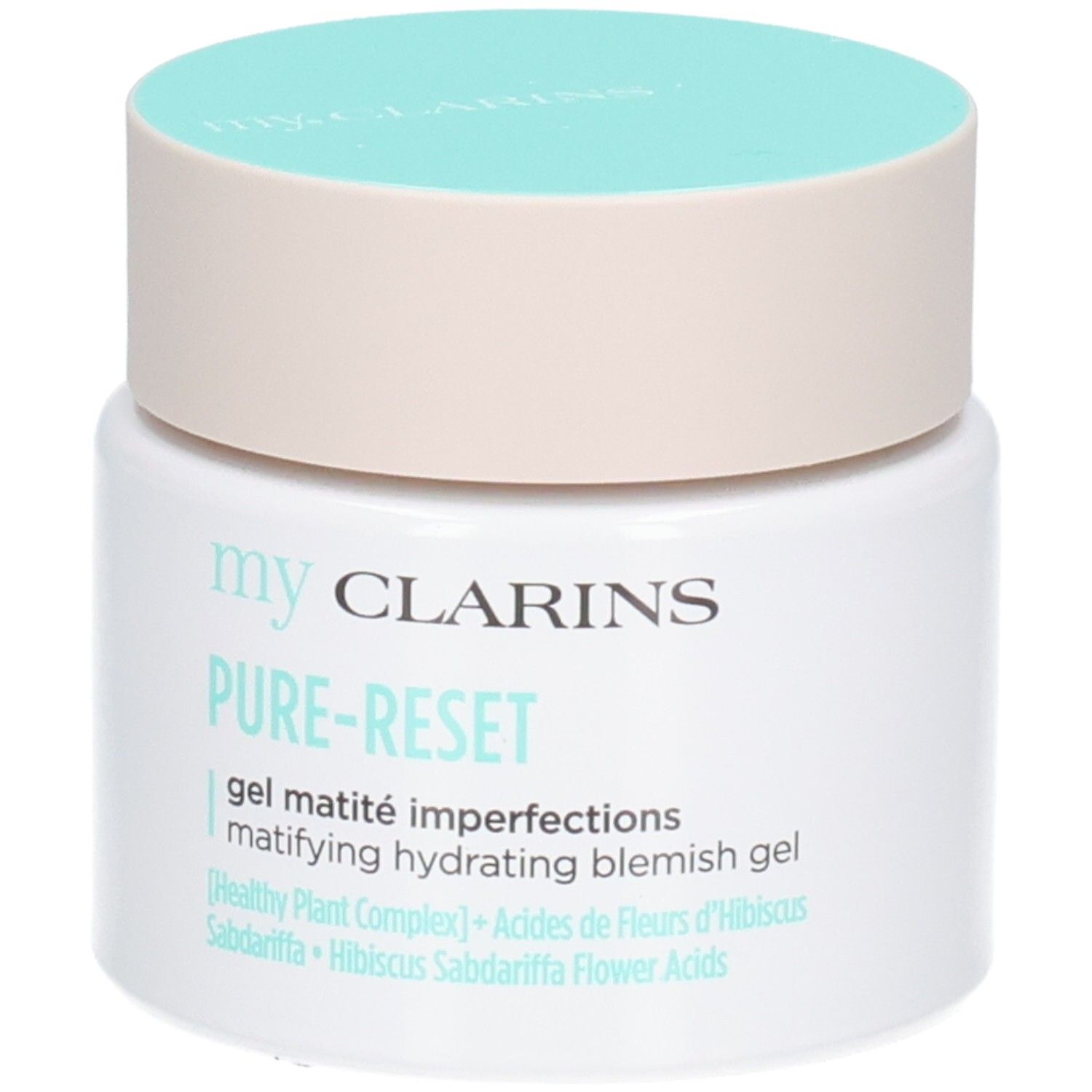 My Clarins Pure-Reset mattierendes Gel gegen Unreinheiten. Weiße Dose mit hellbeigem und türkisfarbenem Deckel.