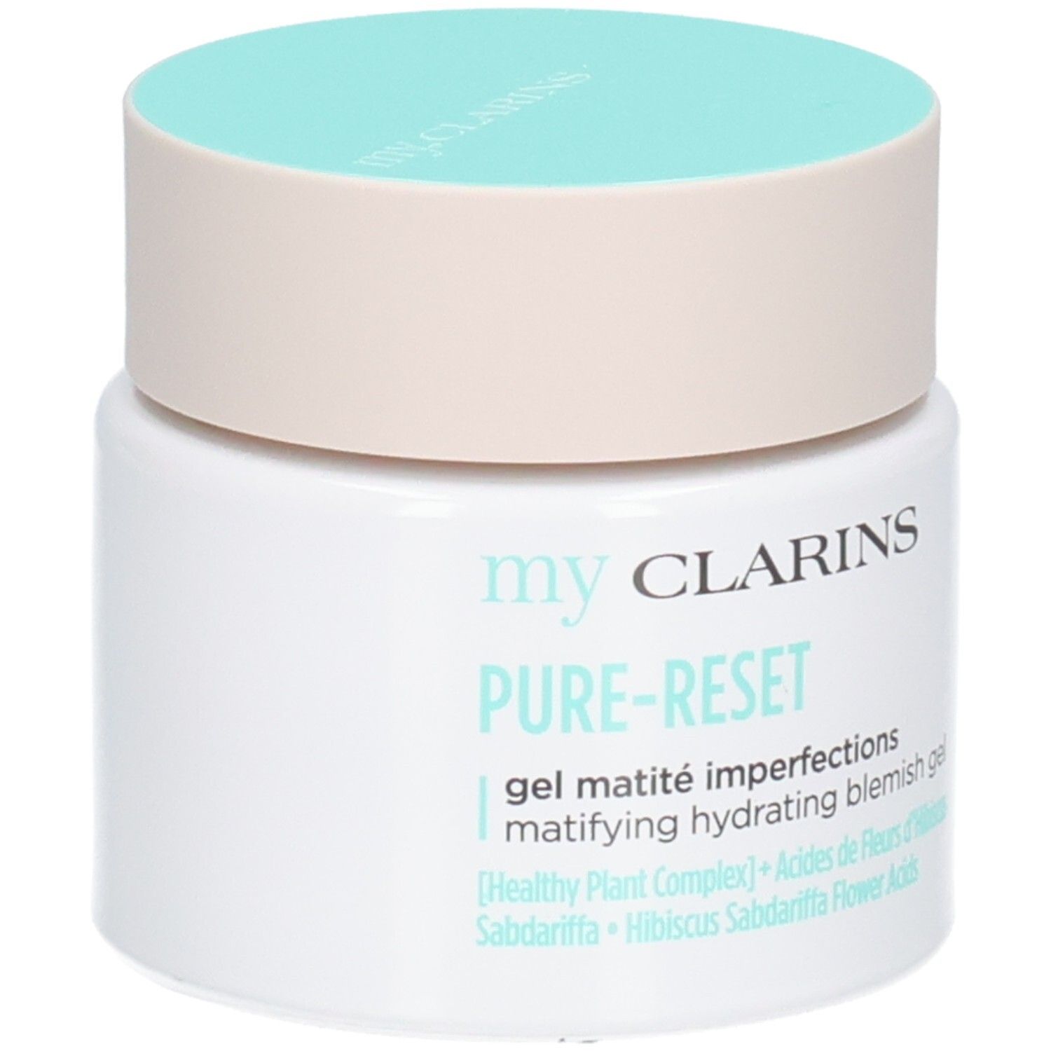My Clarins Pure-Reset mattierendes Gel gegen Unreinheiten. Weiße Dose mit hellbeigem und türkisfarbenem Deckel.