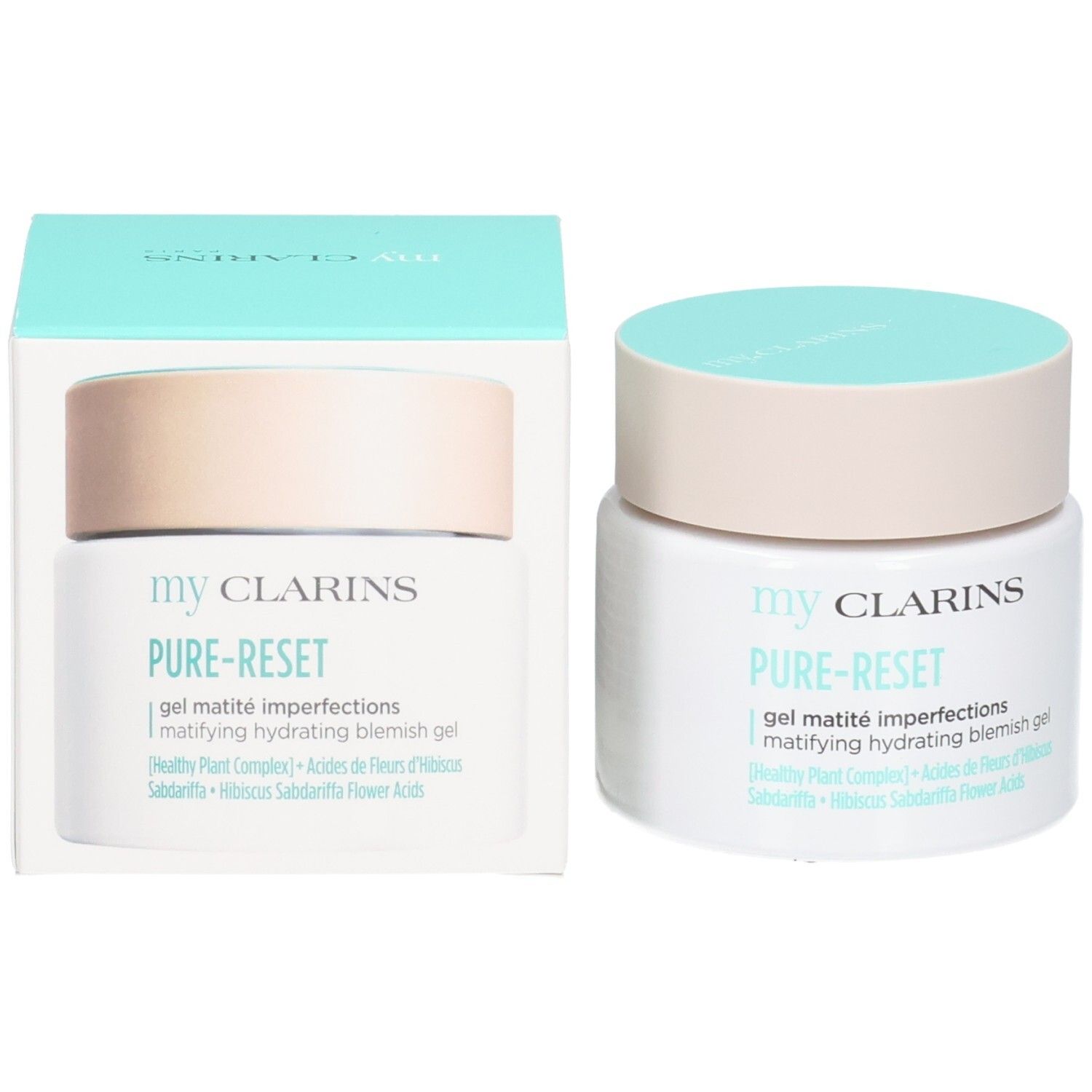 My Clarins Pure-Reset Gel mit Verpackung. Weiße Dose mit hellbeigem und türkisfarbenem Deckel, daneben die passende Box.