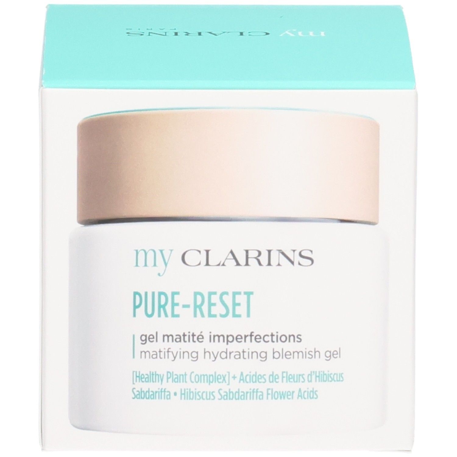 Verpackung des My Clarins Pure-Reset Gels. Hellblaue Box mit dem Produktbild und Markenschriftzug.