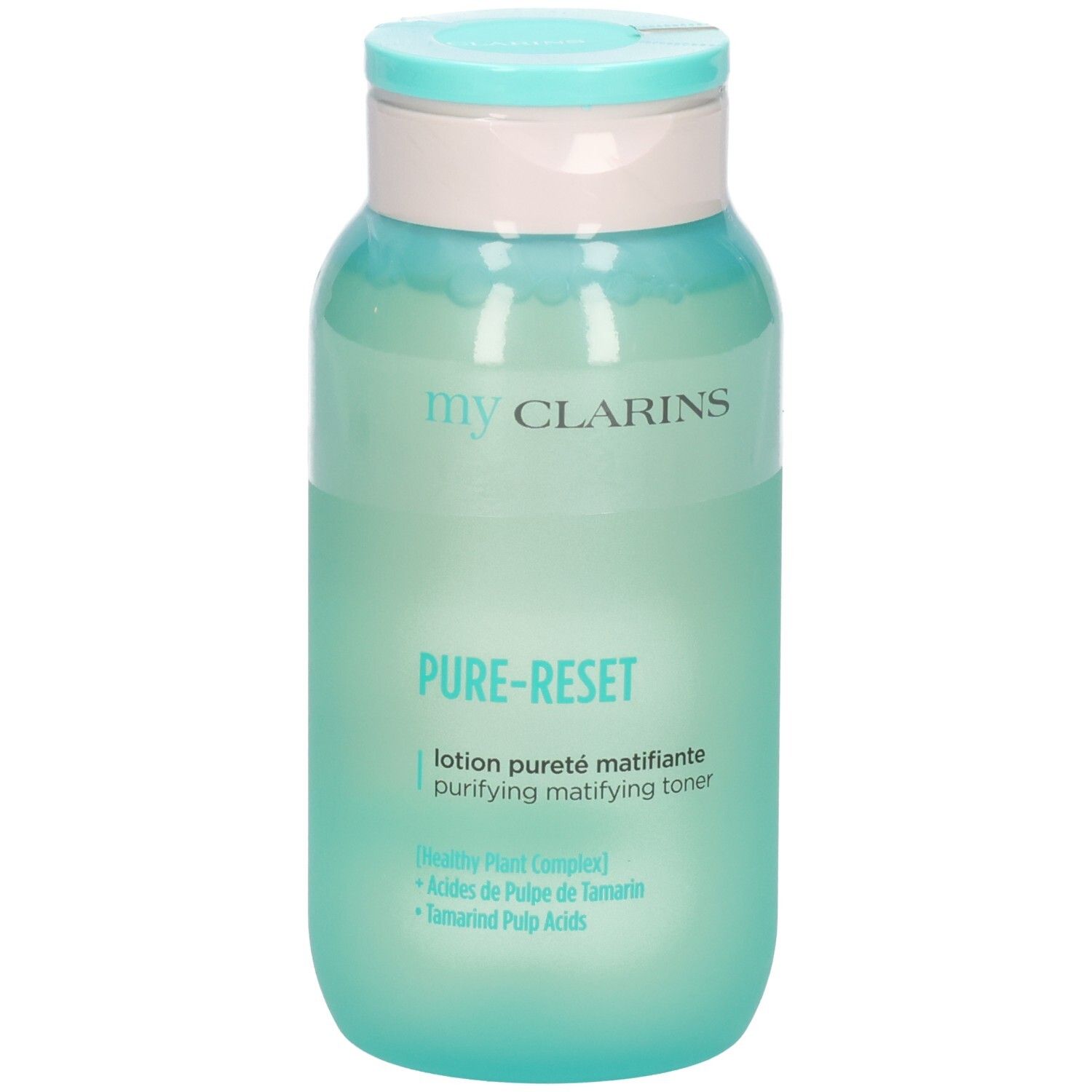 My Clarins Pure-Reset mattierende Lotion in einem durchscheinenden grünen Flakon mit hellblauem Klappdeckel.