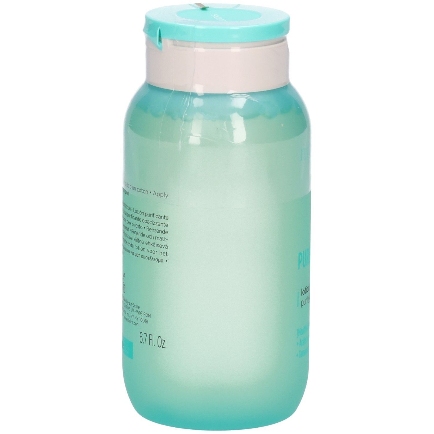 Rückseite des My Clarins Pure-Reset mattierende Lotion Flakons mit Produktinformationen und 200 ml Angabe.