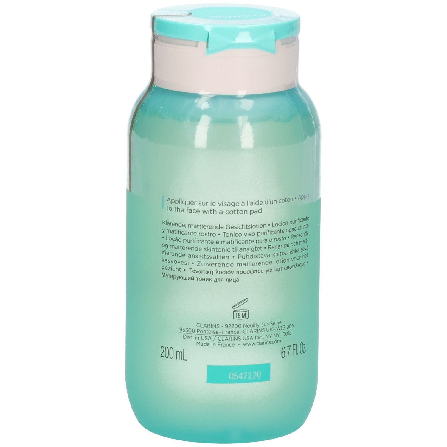Rückseite des My Clarins Pure-Reset mattierende Lotion Flakons mit Anwendungshinweisen und 200 ml Angabe.