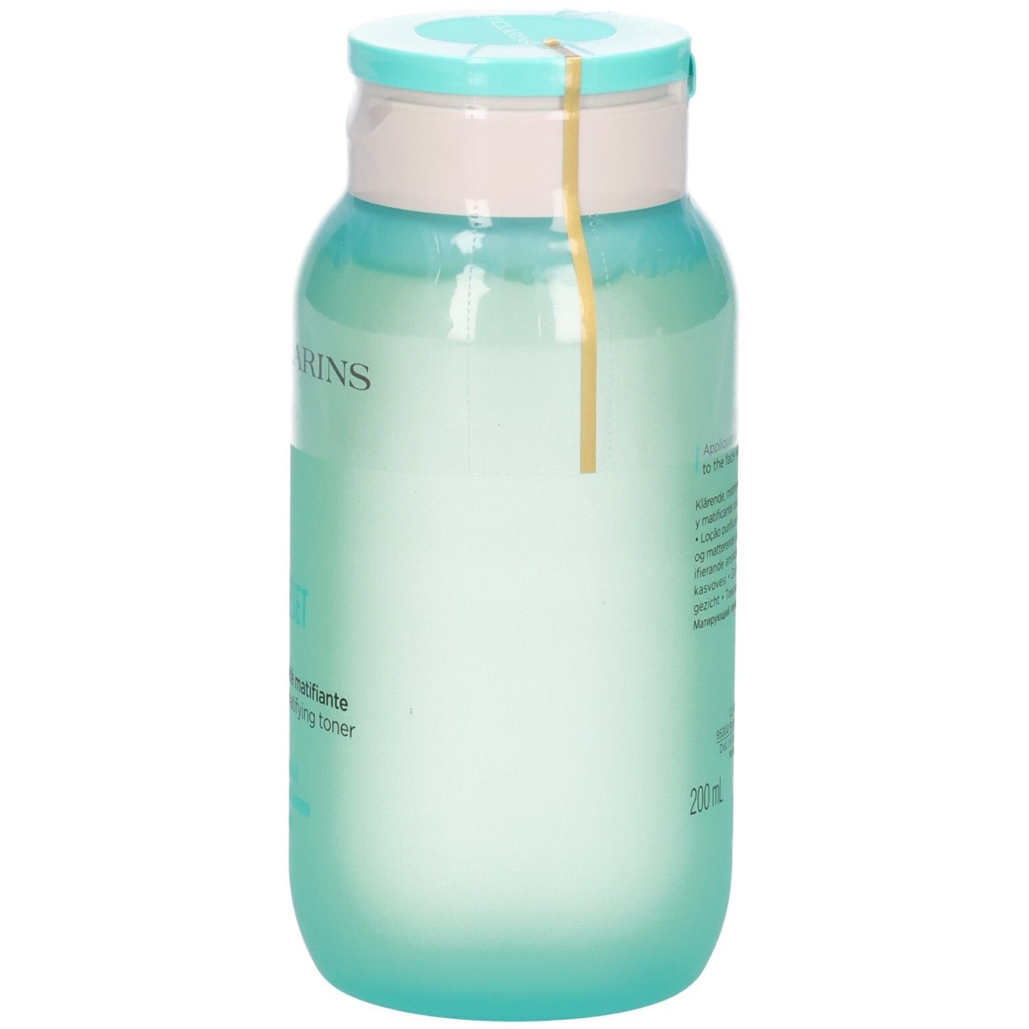 My Clarins Pure-Reset mattierende Lotion Flakon mit hellblauem Klappdeckel und gelbem Siegel.