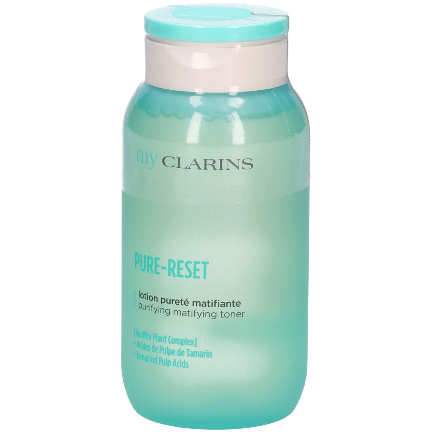 My Clarins Pure-Reset mattierende Lotion in einem durchscheinenden grünen Flakon mit hellblauem Klappdeckel.