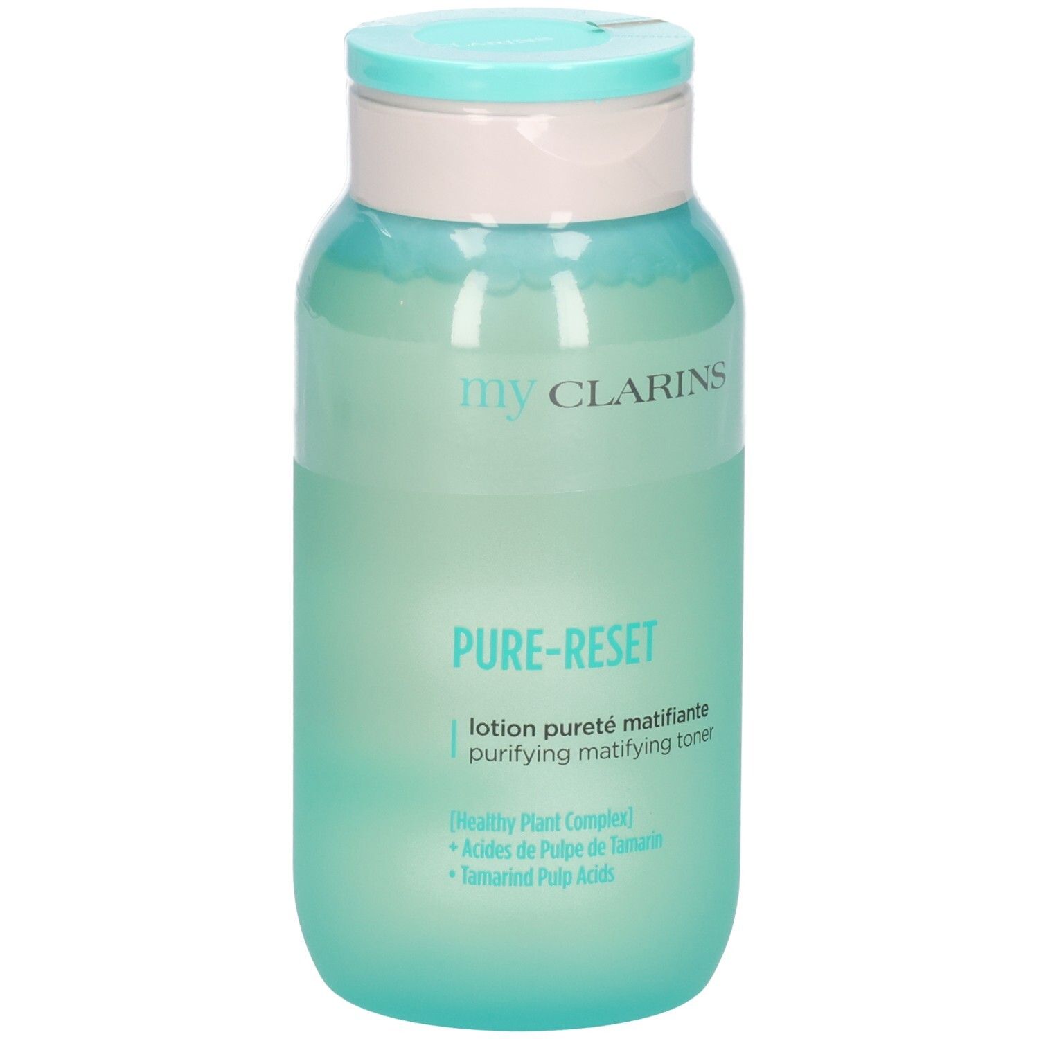 My Clarins Pure-Reset mattierende Lotion in einem durchscheinenden grünen Flakon mit hellblauem Klappdeckel.
