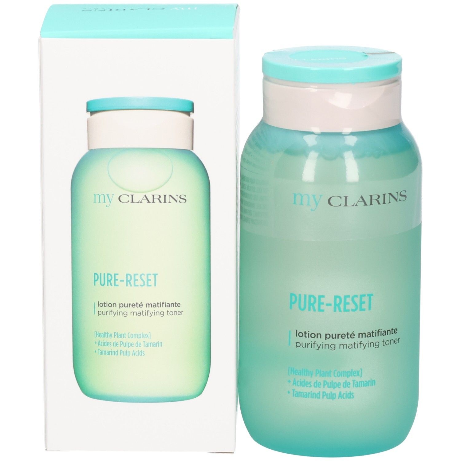 My Clarins Pure-Reset mattierende Lotion und ihre Verpackung, beide mit durchscheinend grünen Flakons.
