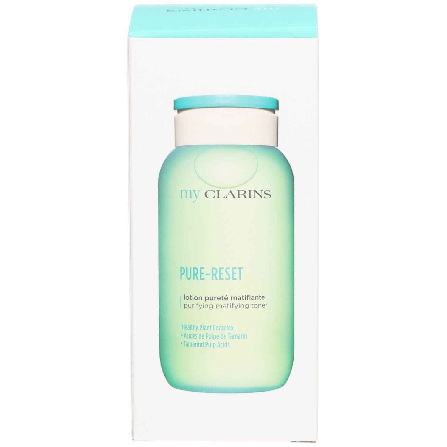 Verpackung der My Clarins Pure-Reset mattierende Lotion mit einem Bild des durchscheinend grünen Flakons.