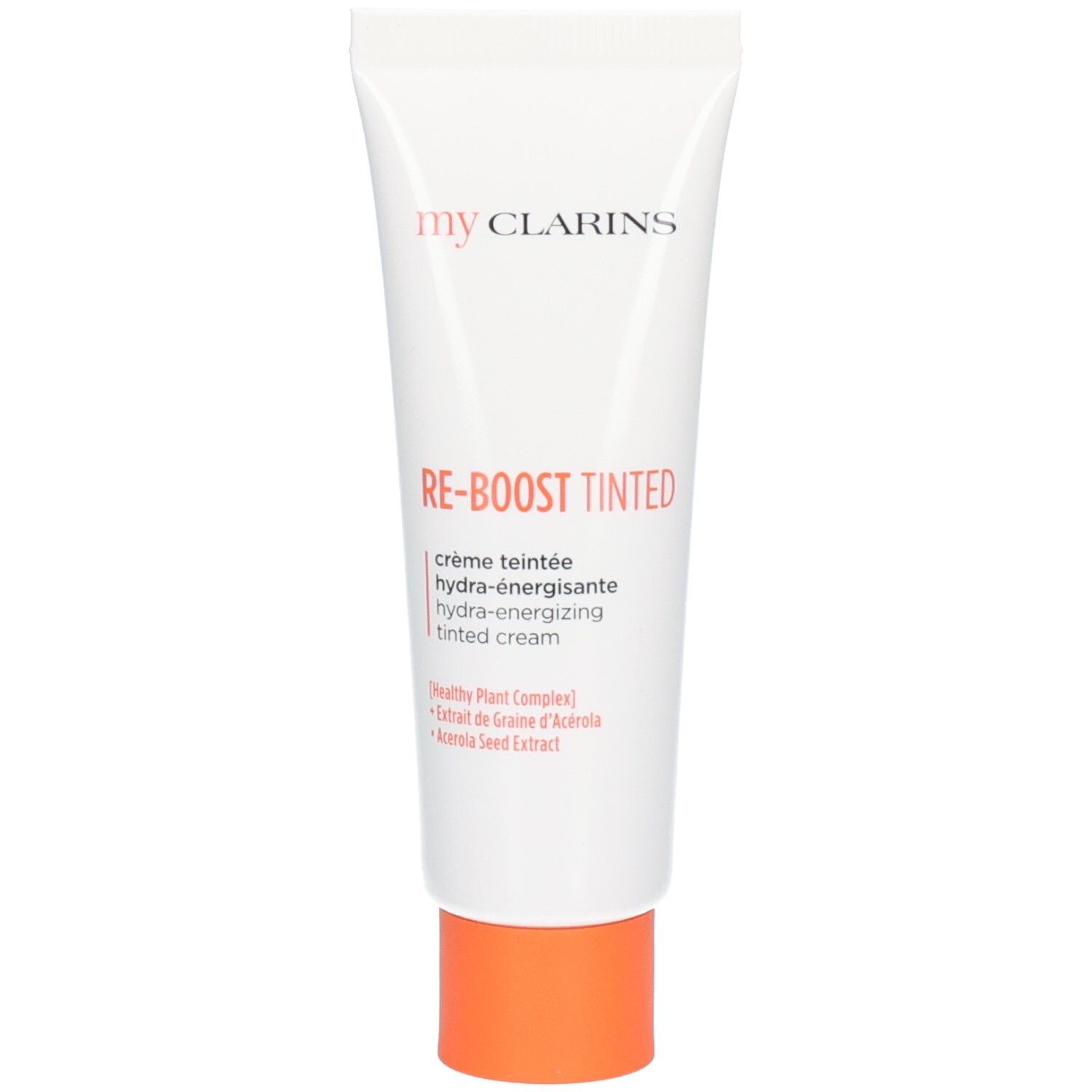 Weiße Tube mit orangefarbenem Verschluss, "my CLARINS RE-BOOST TINTED" Aufschrift.