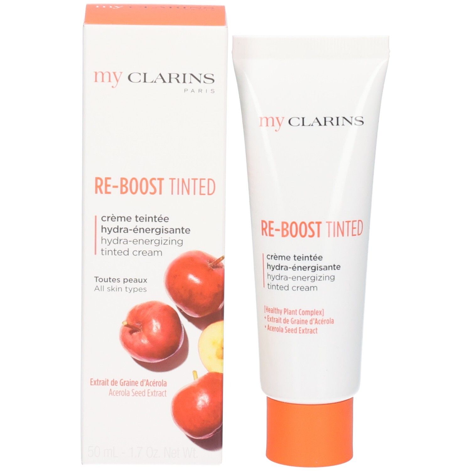 Tube und Kartonverpackung mit Orangen und "my CLARINS RE-BOOST TINTED" Aufschrift.