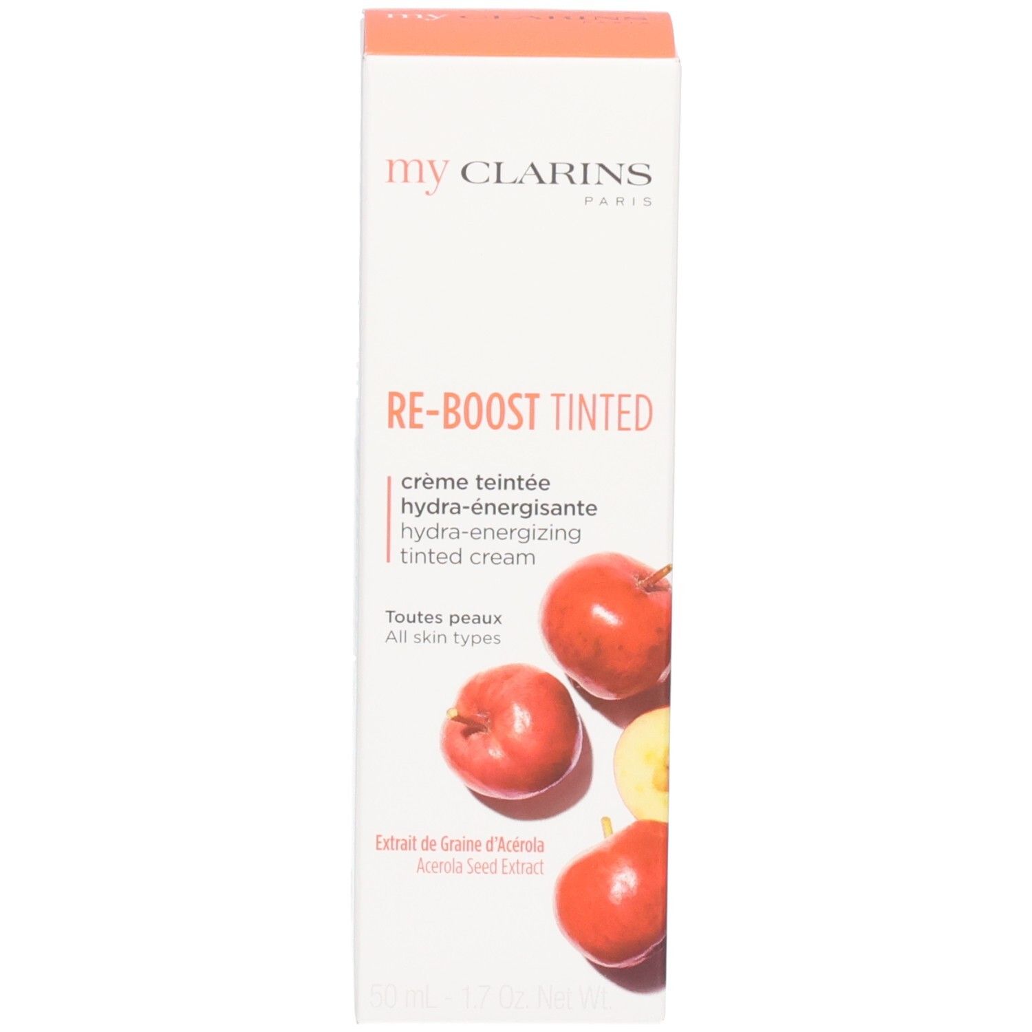 Kartonverpackung mit Orangen und "my CLARINS RE-BOOST TINTED" Aufschrift.