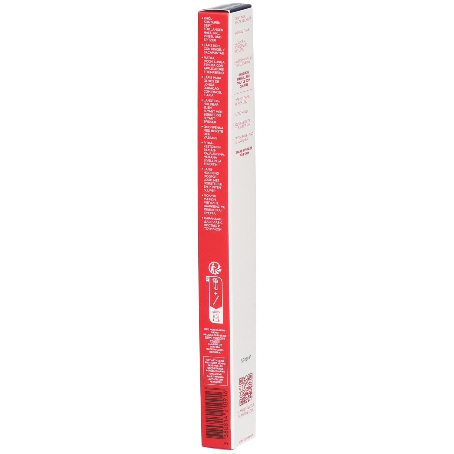 Clarins Crayon Khôl 01 Carbon Black, Verpackung mit Text und Symbolen.