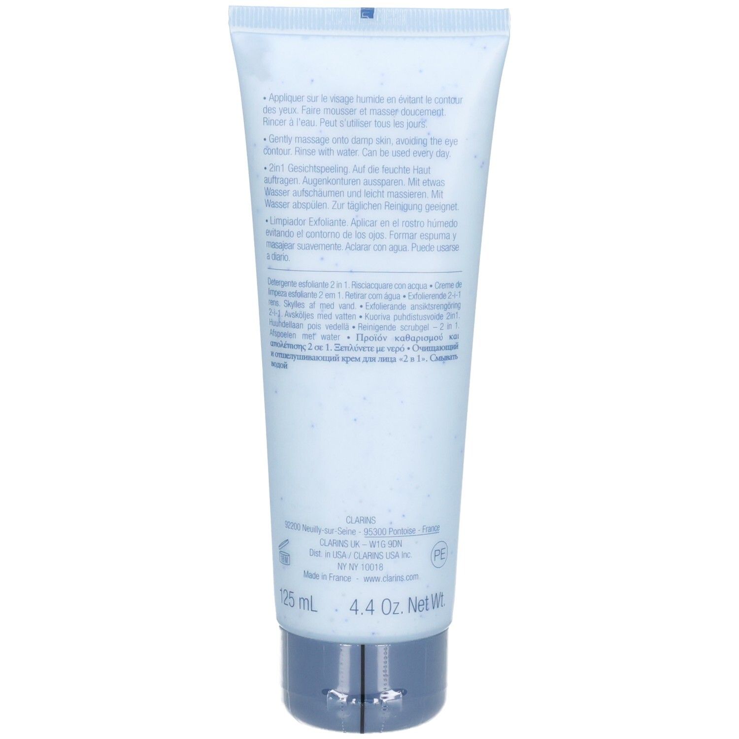 Rückseite der ClarinsMen Peeling-Reinigungsmittel Tube mit Anwendungshinweisen und Produktinformationen.