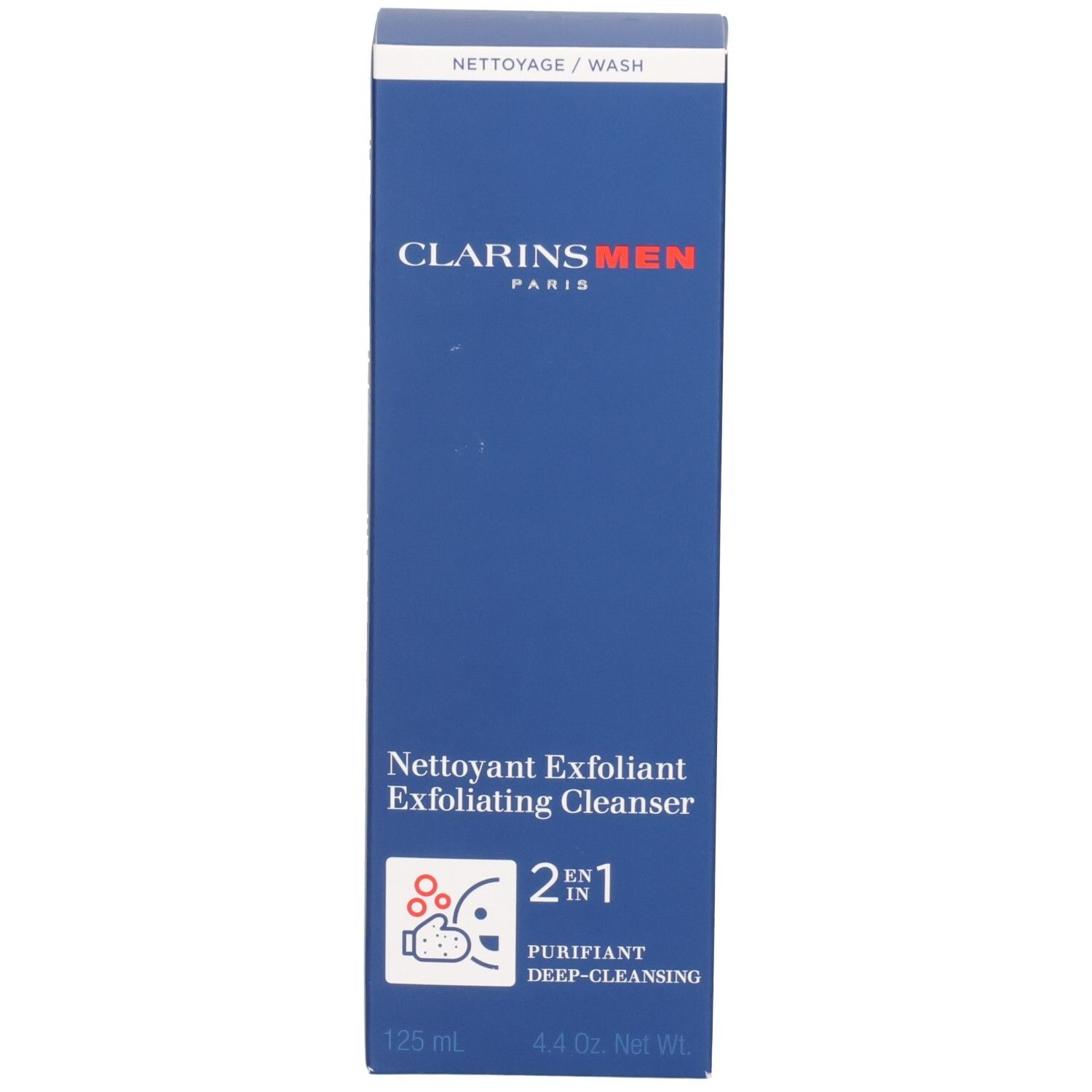 Vorderseite der ClarinsMen Peeling-Reinigungsmittel Faltschachtel, 125 ml.