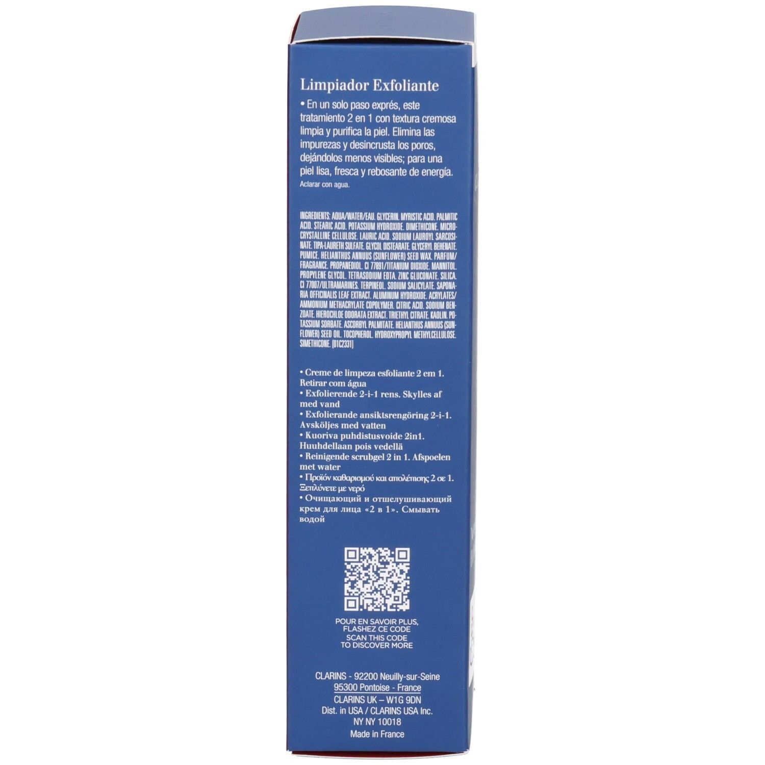 Seitenansicht der ClarinsMen Peeling-Reinigungsmittel Faltschachtel mit Inhaltsstoffen und Anwendungshinweisen.