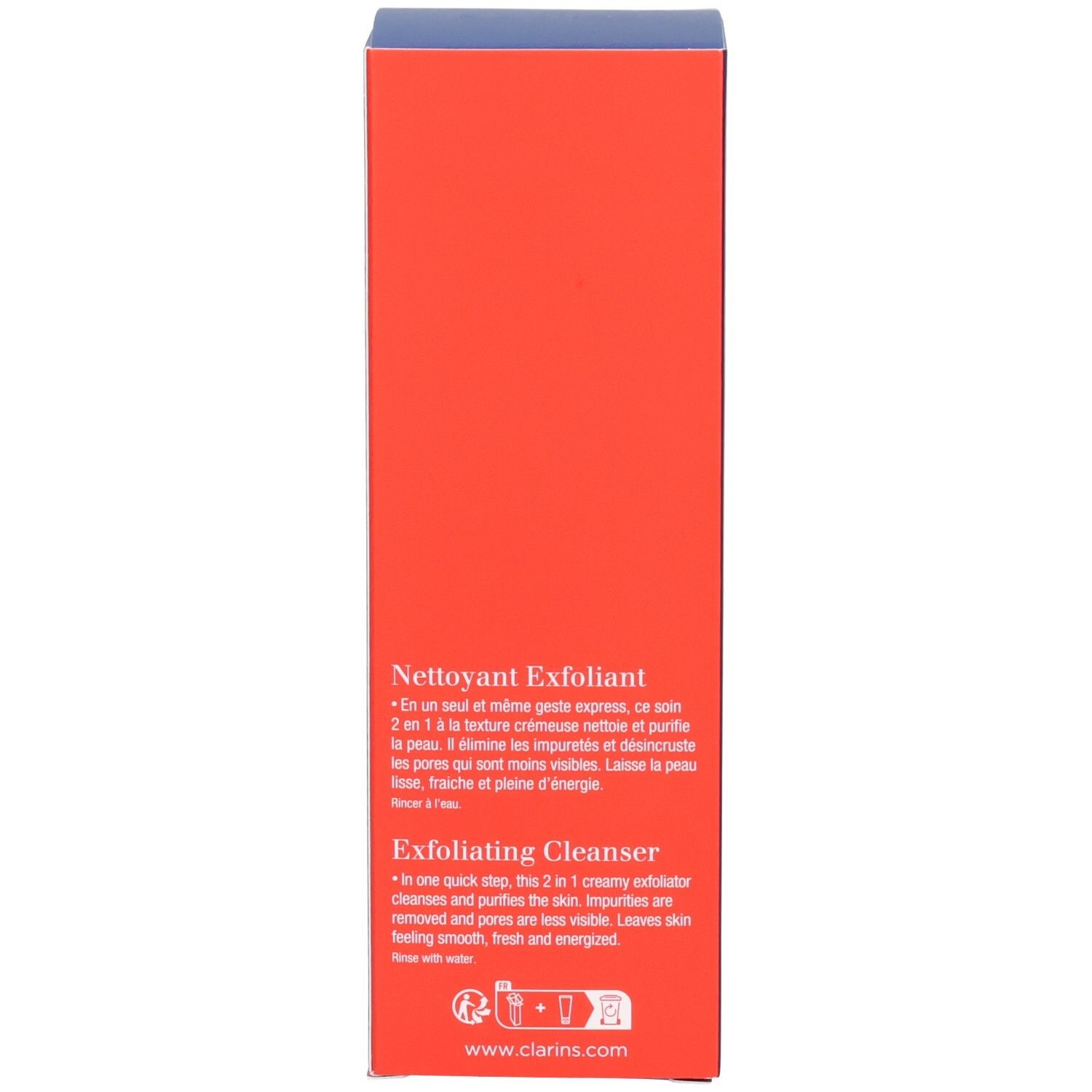 Rückseite der ClarinsMen Peeling-Reinigungsmittel Faltschachtel mit Produktbeschreibung.