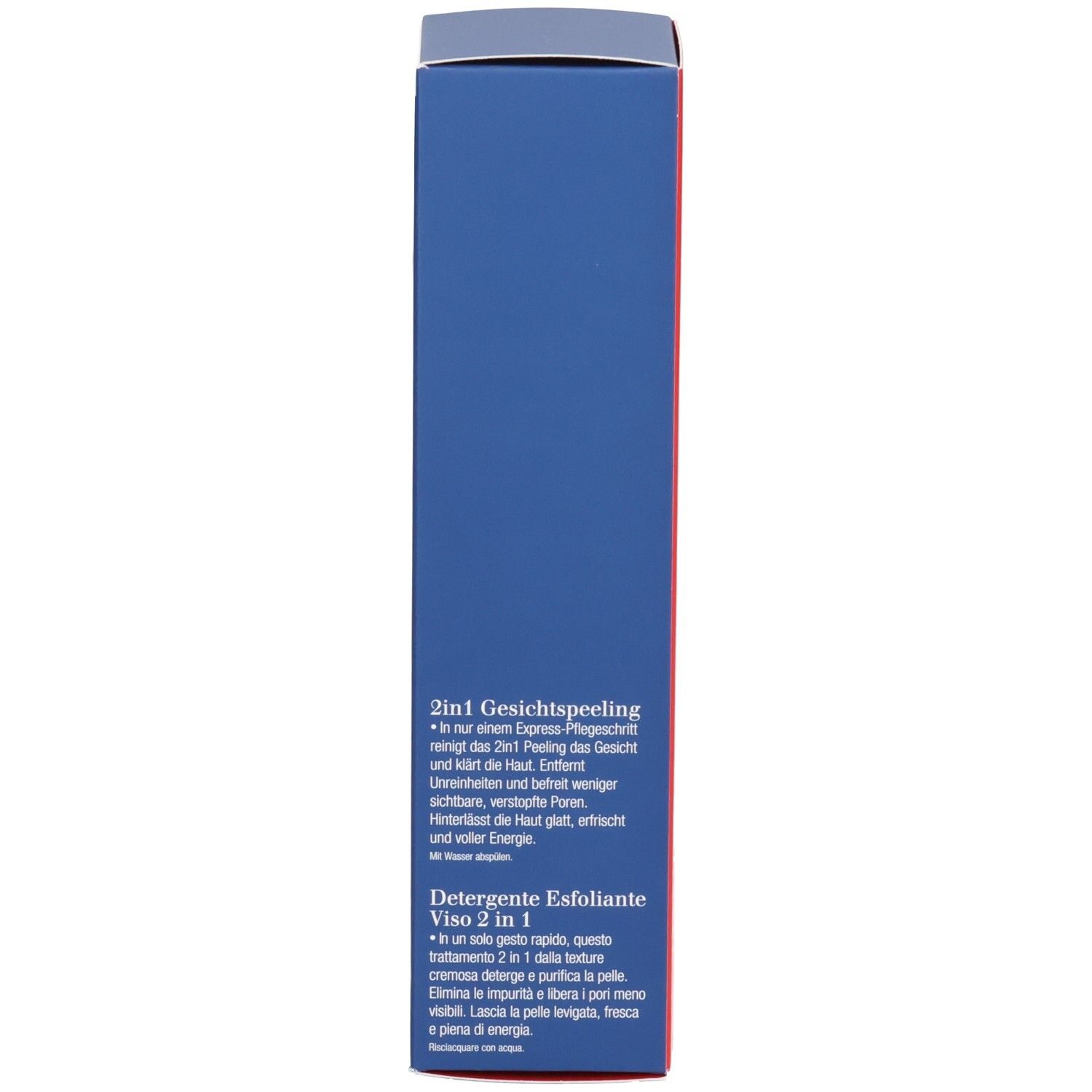 Seitenansicht der ClarinsMen Peeling-Reinigungsmittel Faltschachtel mit deutscher und italienischer Beschreibung.