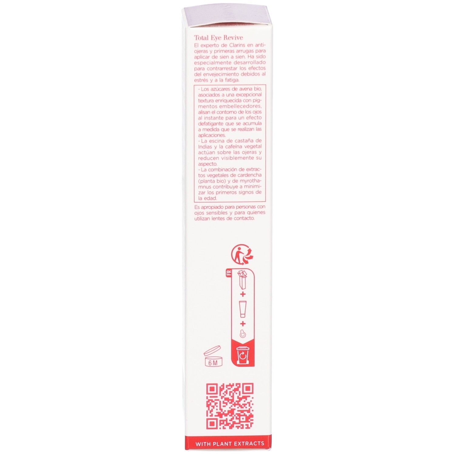 Seite der Clarins Total Eye Revive Verpackung mit Anwendungshinweisen.