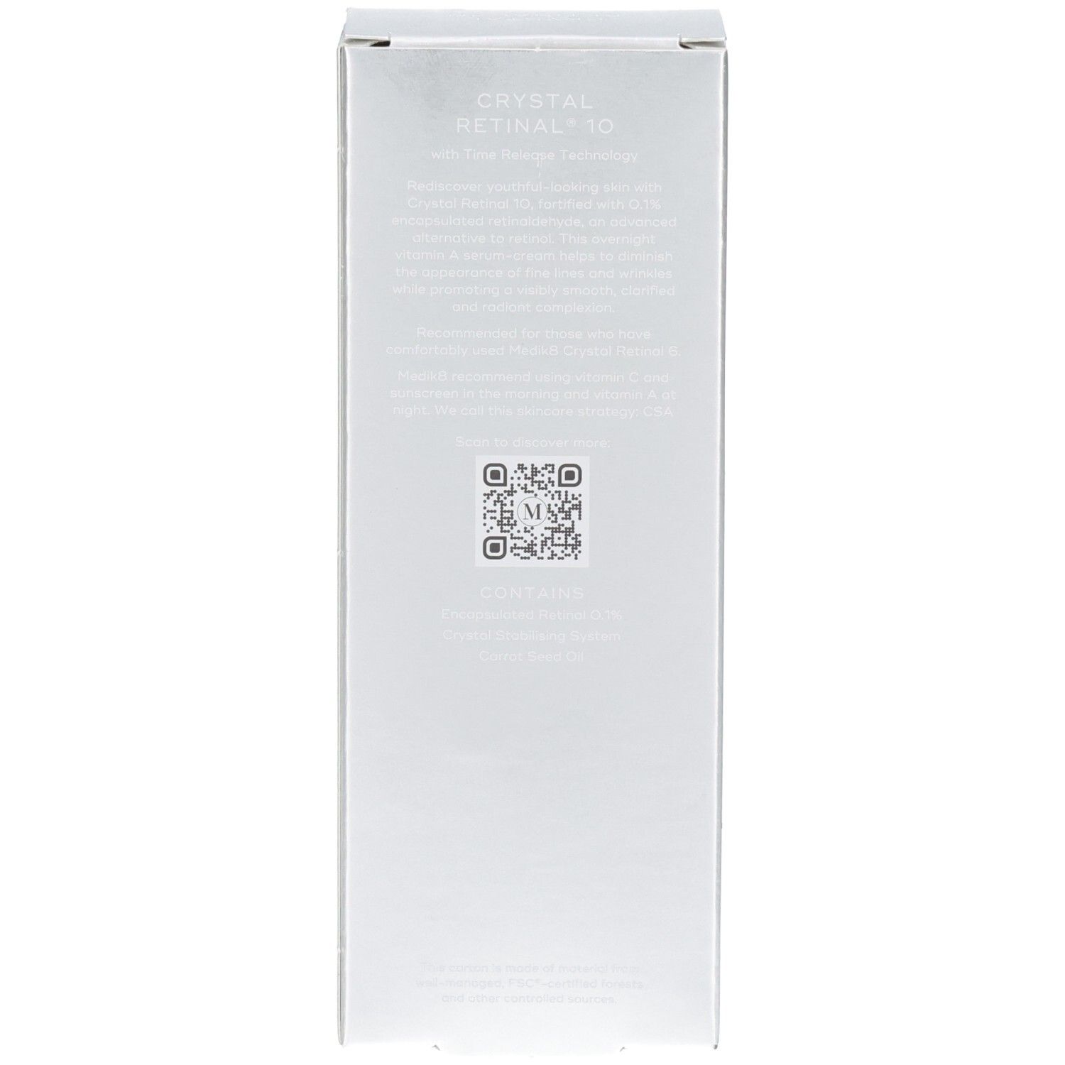 Rückseite der Medik8 Kristall Retinal 10 Verpackung mit QR-Code und Anwendungshinweisen.