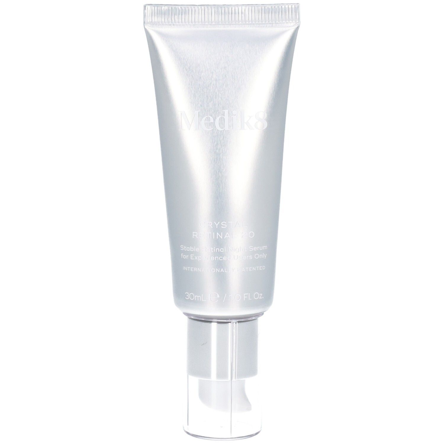 Silberne Tube mit Pumpspender, Medik8 Crystal Retinal 20 Siero Notte.