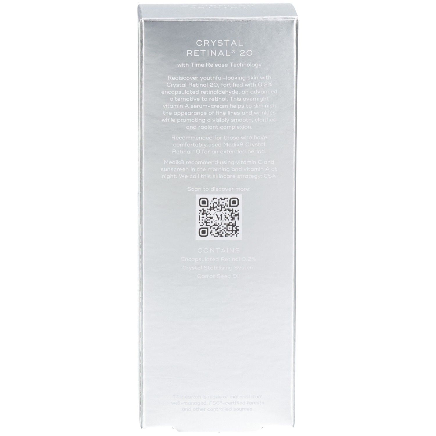 Rückseite der silbernen Verpackungsbox mit Produktbeschreibung und QR-Code.