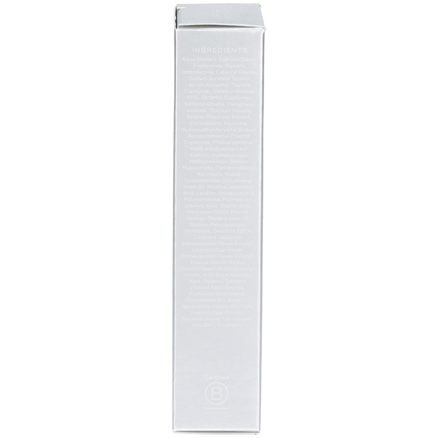 Seite der Medik8 Kristall-Retinol 3 Serum Verpackungsbox mit Inhaltsstoffen.