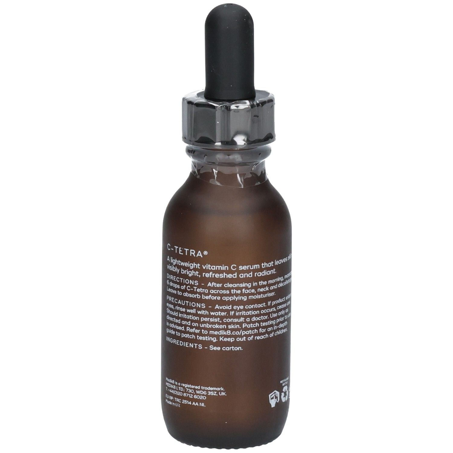 Medik8 C-Tetra Serum: Flasche mit detaillierten Anwendungshinweisen und Inhaltsstoffen auf der Rückseite.