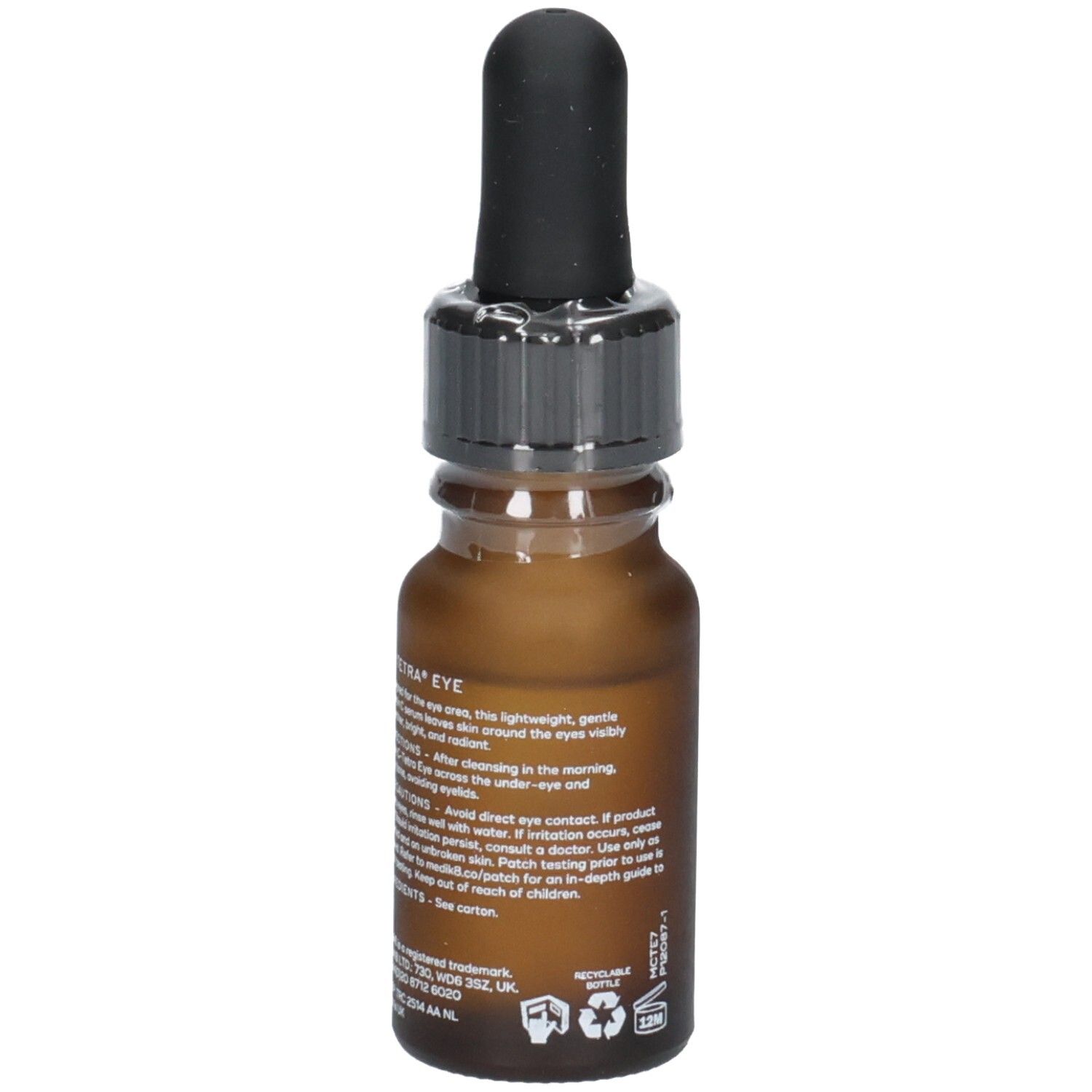 Medik8 C-Tetra Augenserum, Rückseite der braunen Glasflasche mit Pipette und Etikett. 7ml / 0.23 Fl. Oz.