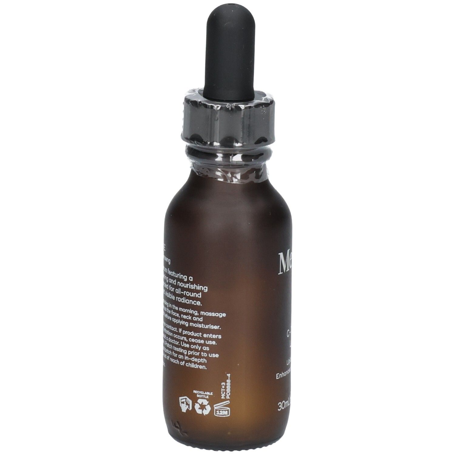 Rückseite der Medik8 C-Tetra Luxe Serumflasche mit Anwendungshinweisen. 30ml.