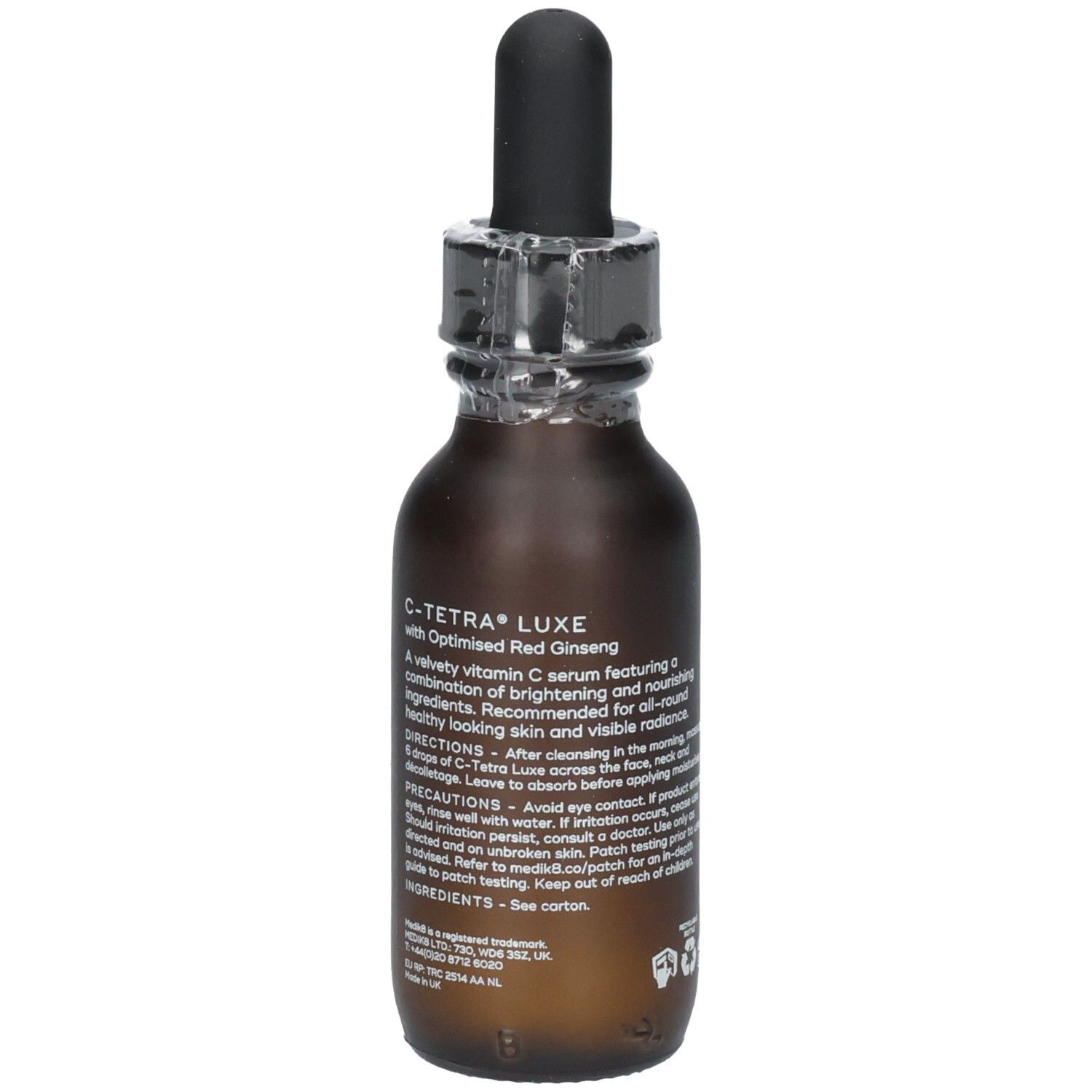 Medik8 C-Tetra Luxe Serumflasche mit detaillierten Produktinformationen und Inhaltsstoffen. 30ml.