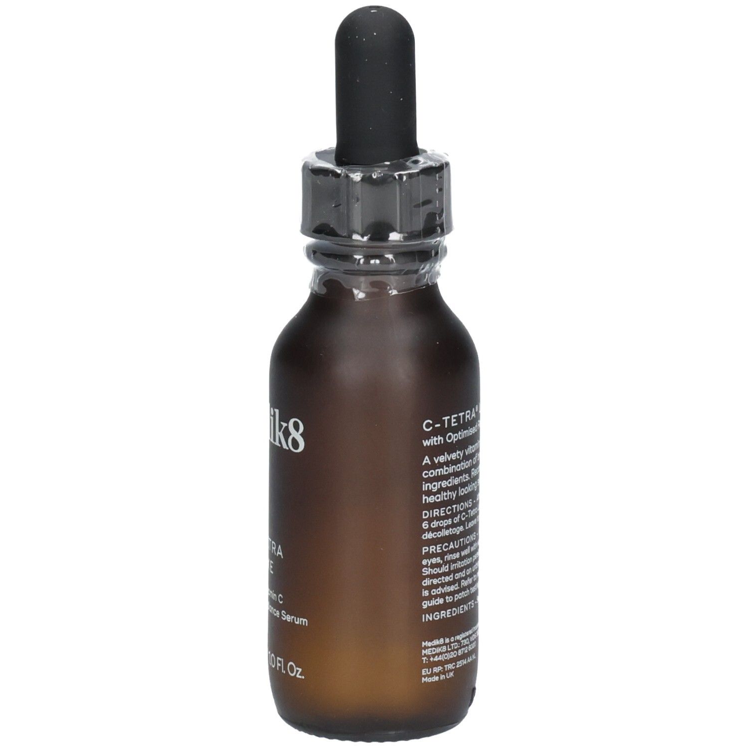 Seitenansicht der Medik8 C-Tetra Luxe Serumflasche mit Pipettenverschluss. 30ml.
