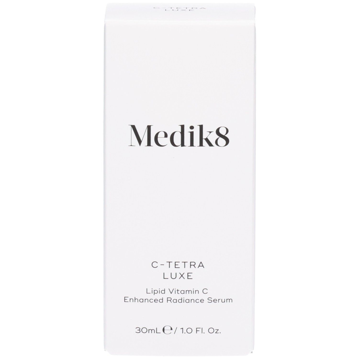 Weiße Medik8 C-Tetra Luxe Produktverpackung mit Beschriftung. 30ml.