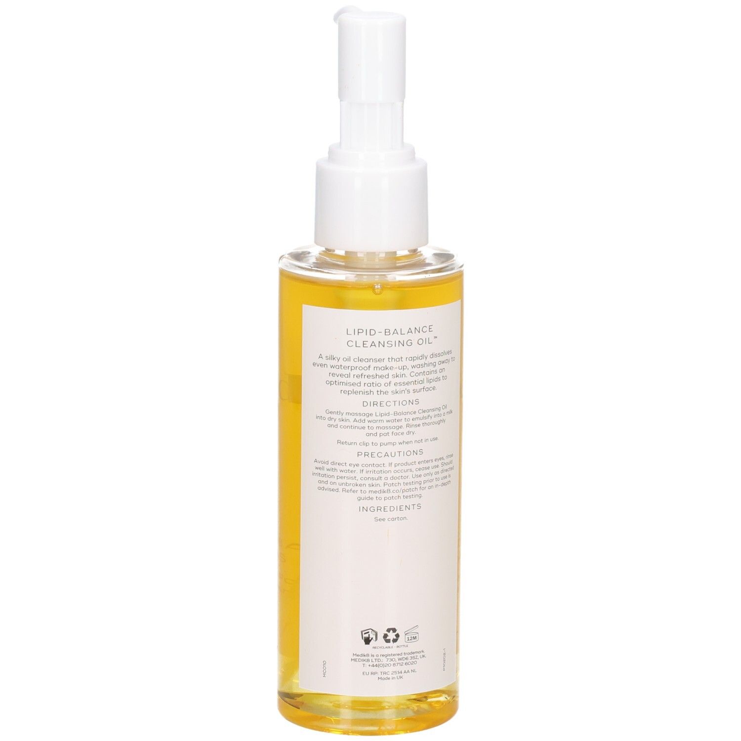 Rückseite der Medik8 Lipid-Balance Cleansing Oil Flasche mit Anwendungshinweisen.