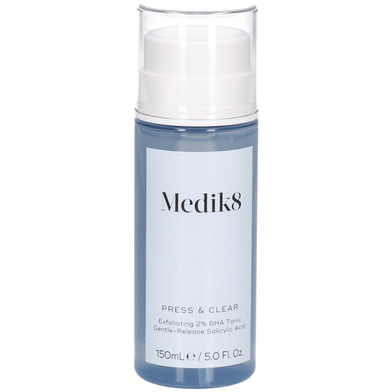 Medik8 Press & Clear, 150ml Flasche mit Pumpspender und Klarsichtkappe.